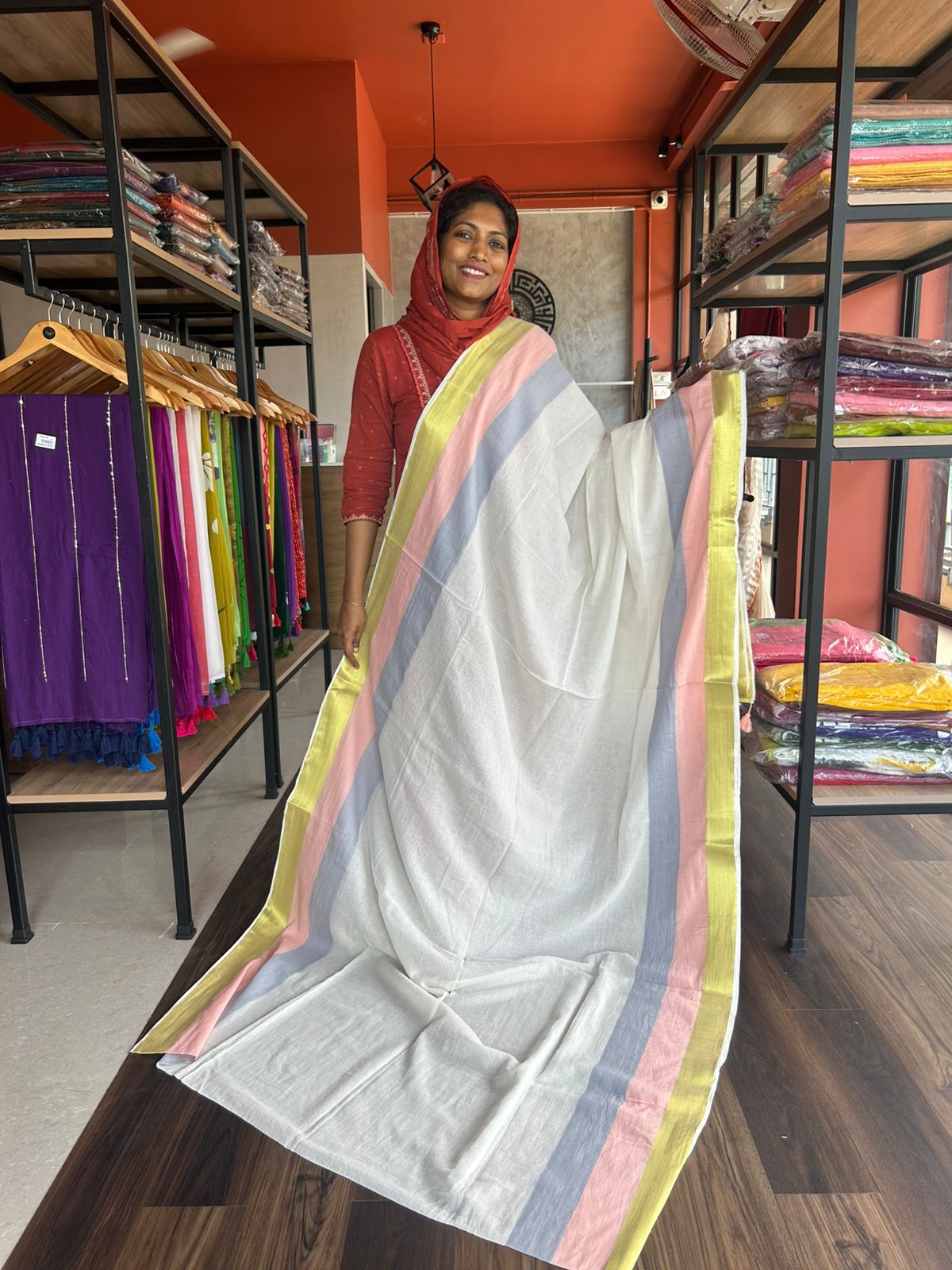 MULMUL COTTON WITH MULTI COLOUR BORDER