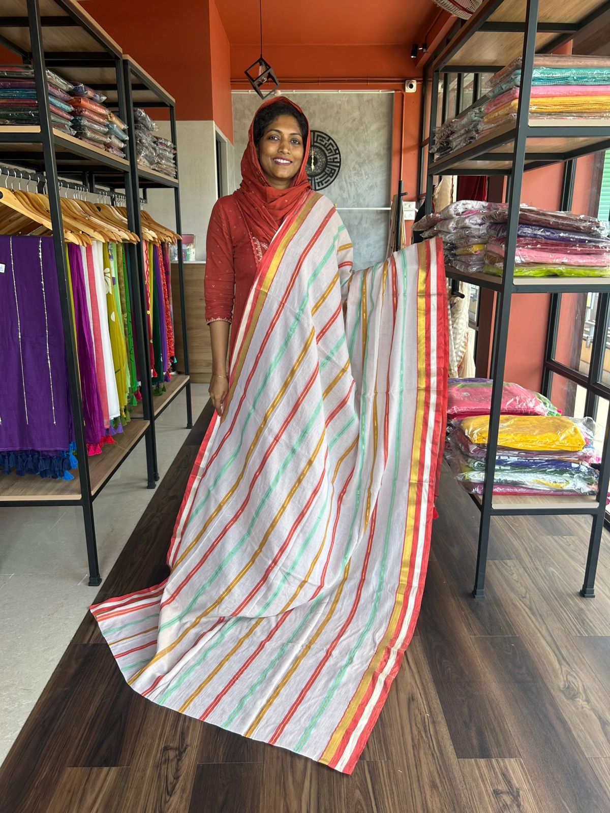 MULMUL COTTON WITH MULTICOLOUR STRIPES