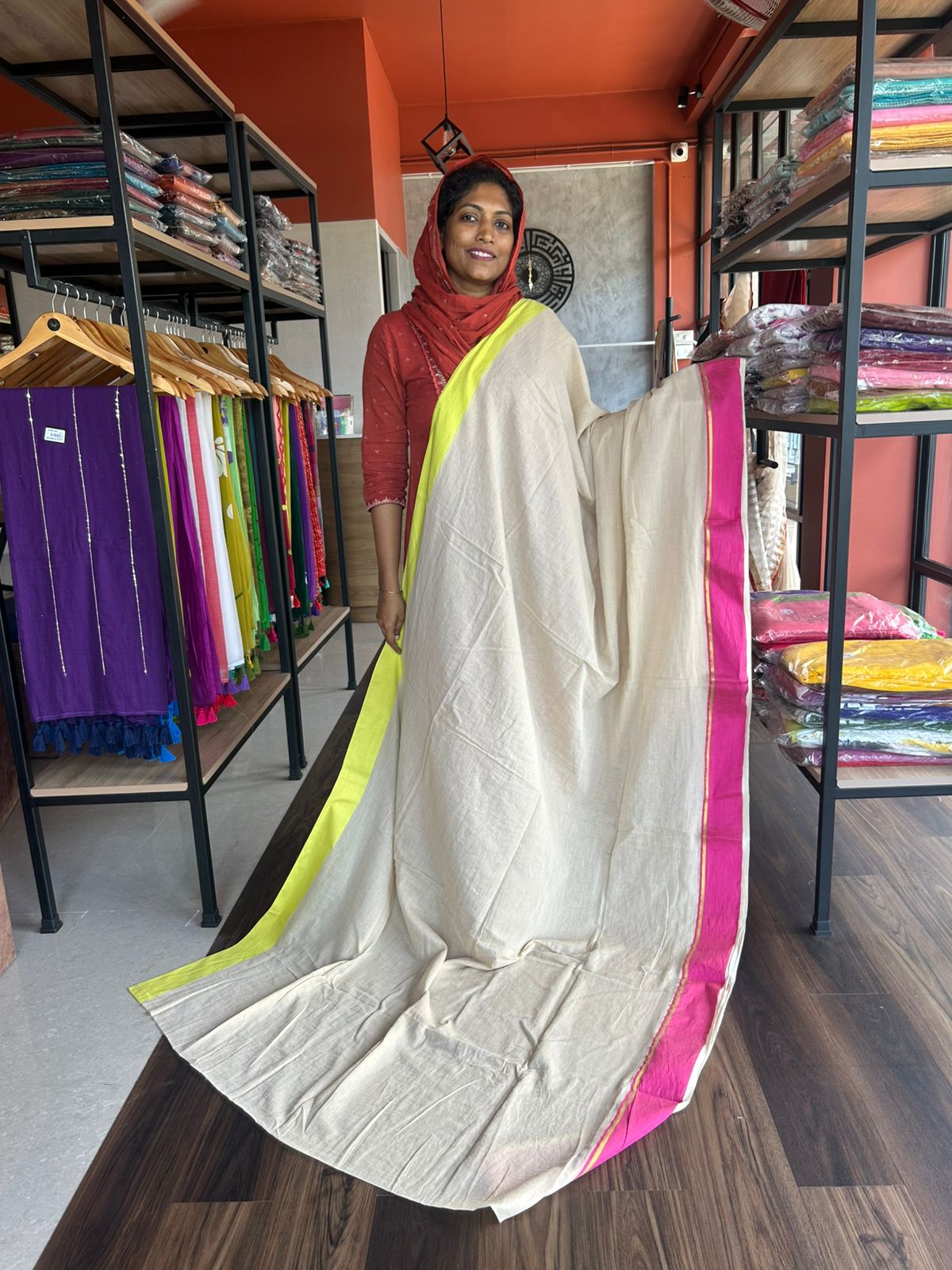 MULMUL SAREE WITH PINK & NEON BORDER