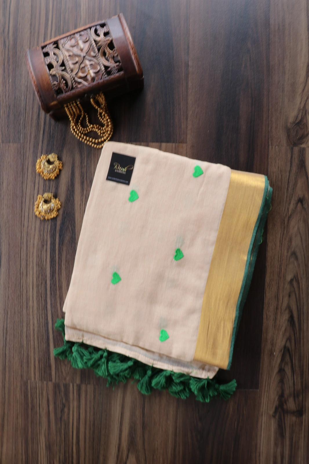 GREEN HEART EMBROIDERED MULMUL SAREE