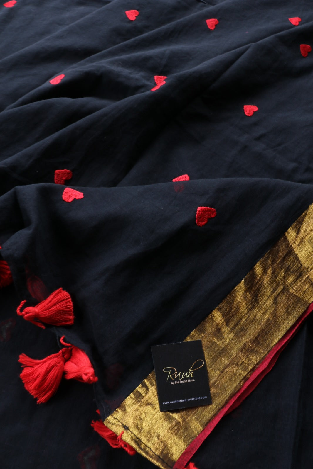 RED HEART EMBROIDERED ON BLACK MULMUL SAREE