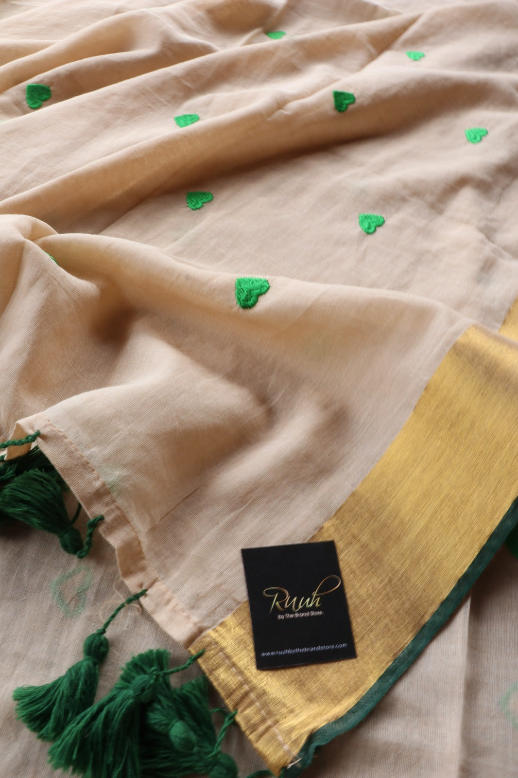 GREEN HEART EMBROIDERED MULMUL SAREE