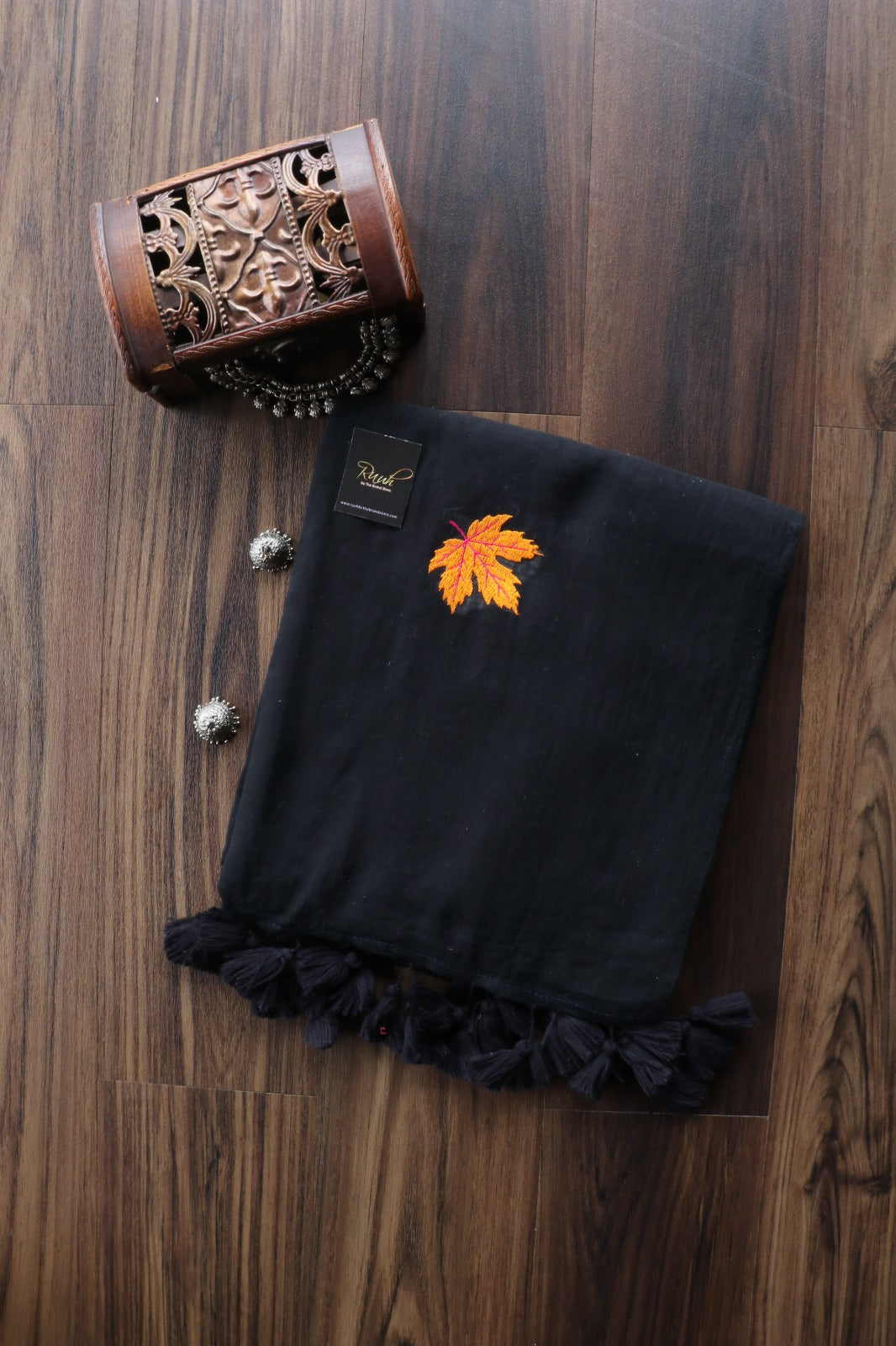 BLACK MULMUL SAREE WITH MAPLE LEAF EMBROIDERY