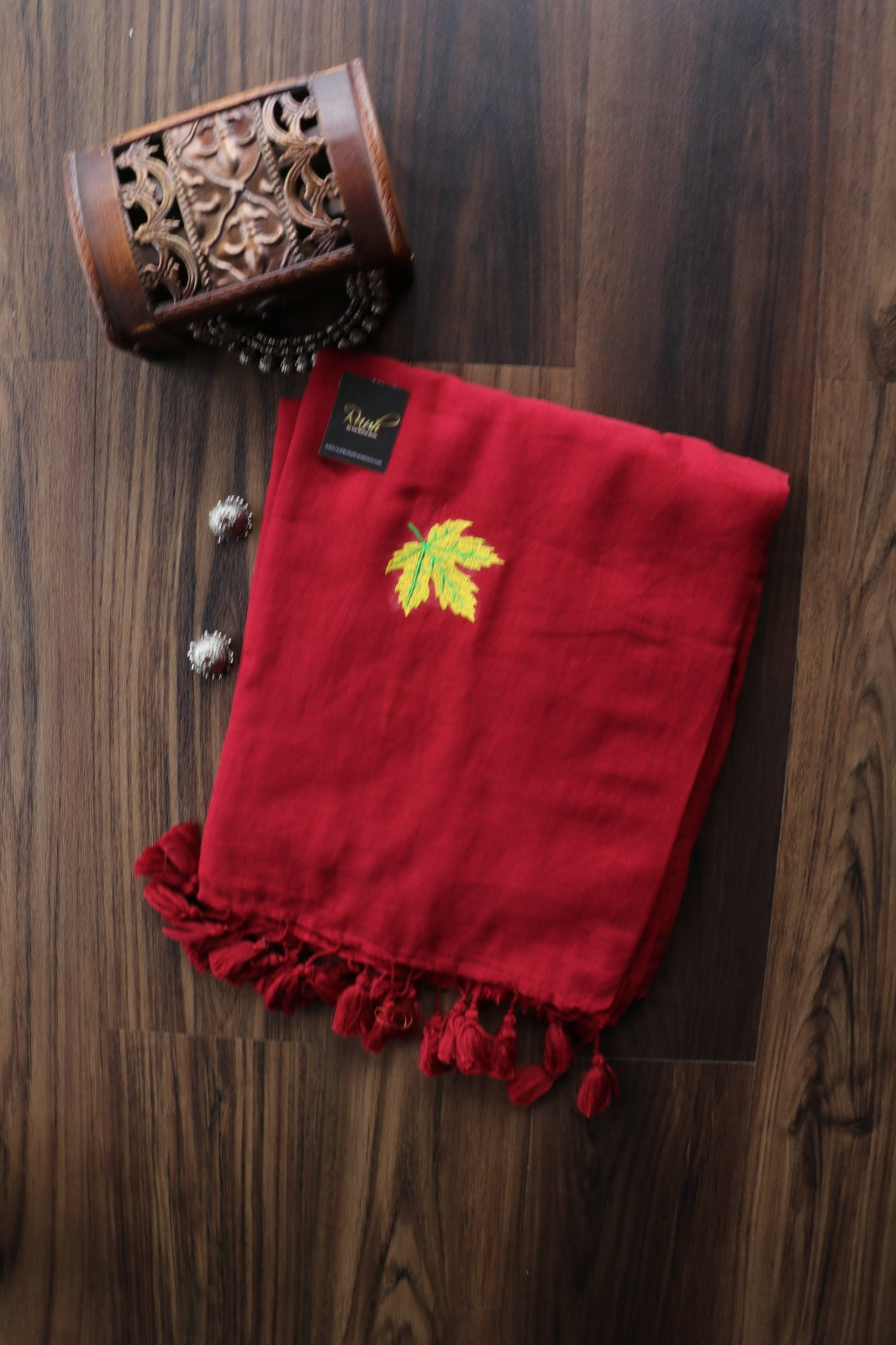 MAROON MULMUL SAREE WITH MAPLE LEAF EMBROIDERY