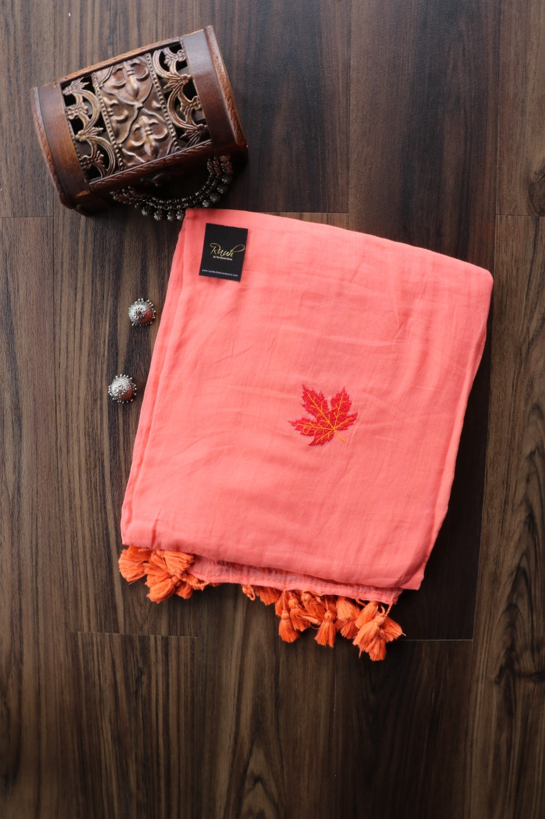 DARK PEACH MULMUL SAREE WITH MAPLE LEAF EMBROIDERY