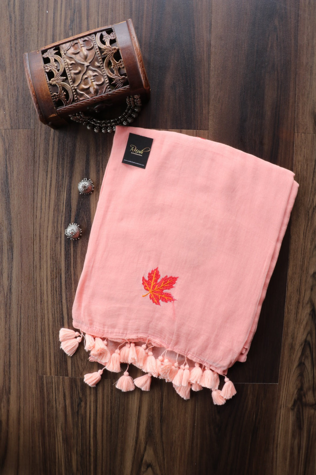 LIGHT PEACH MULMUL SAREE WITH MAPLE LEAF EMBROIDERY