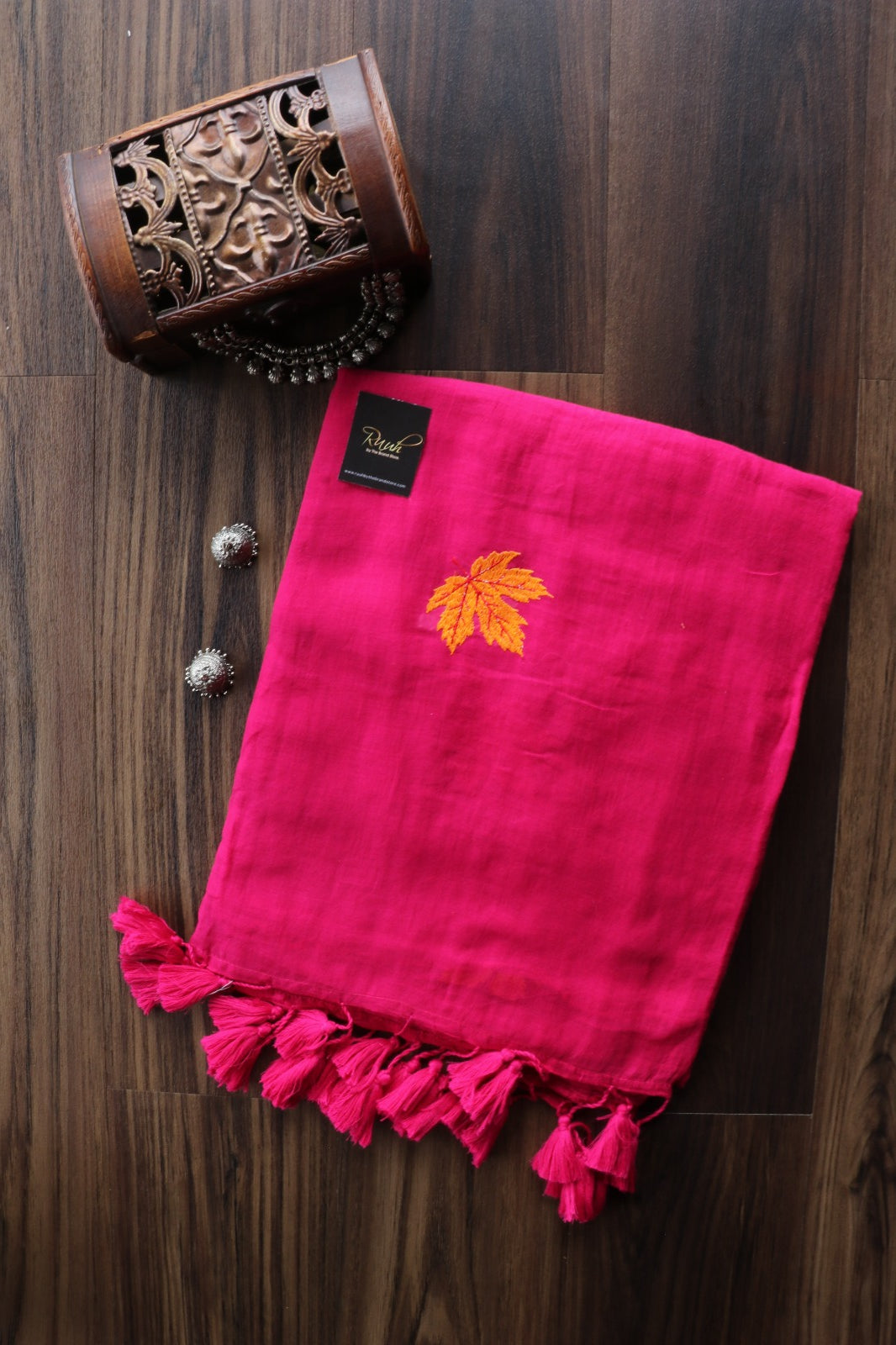 HOT PINK MULMUL SAREE WITH MAPLE LEAF EMBROIDERY