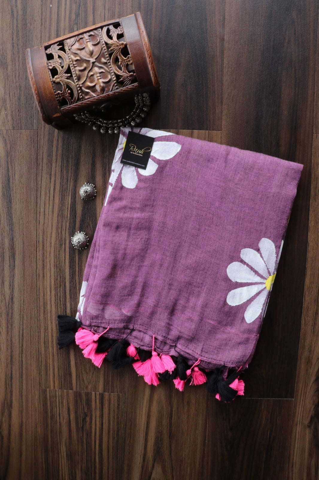 PINK X BLACK MULCOTTON WITH  DAISY HANDPAINT SAREE
