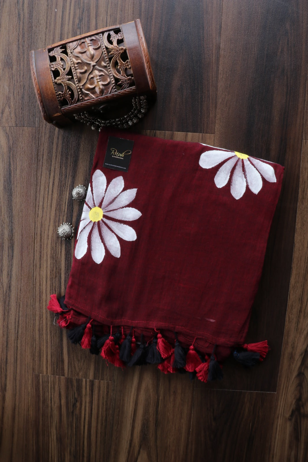 MAROON X BLACK  MULMUL SAREE WITH DAISY HANDPAINT