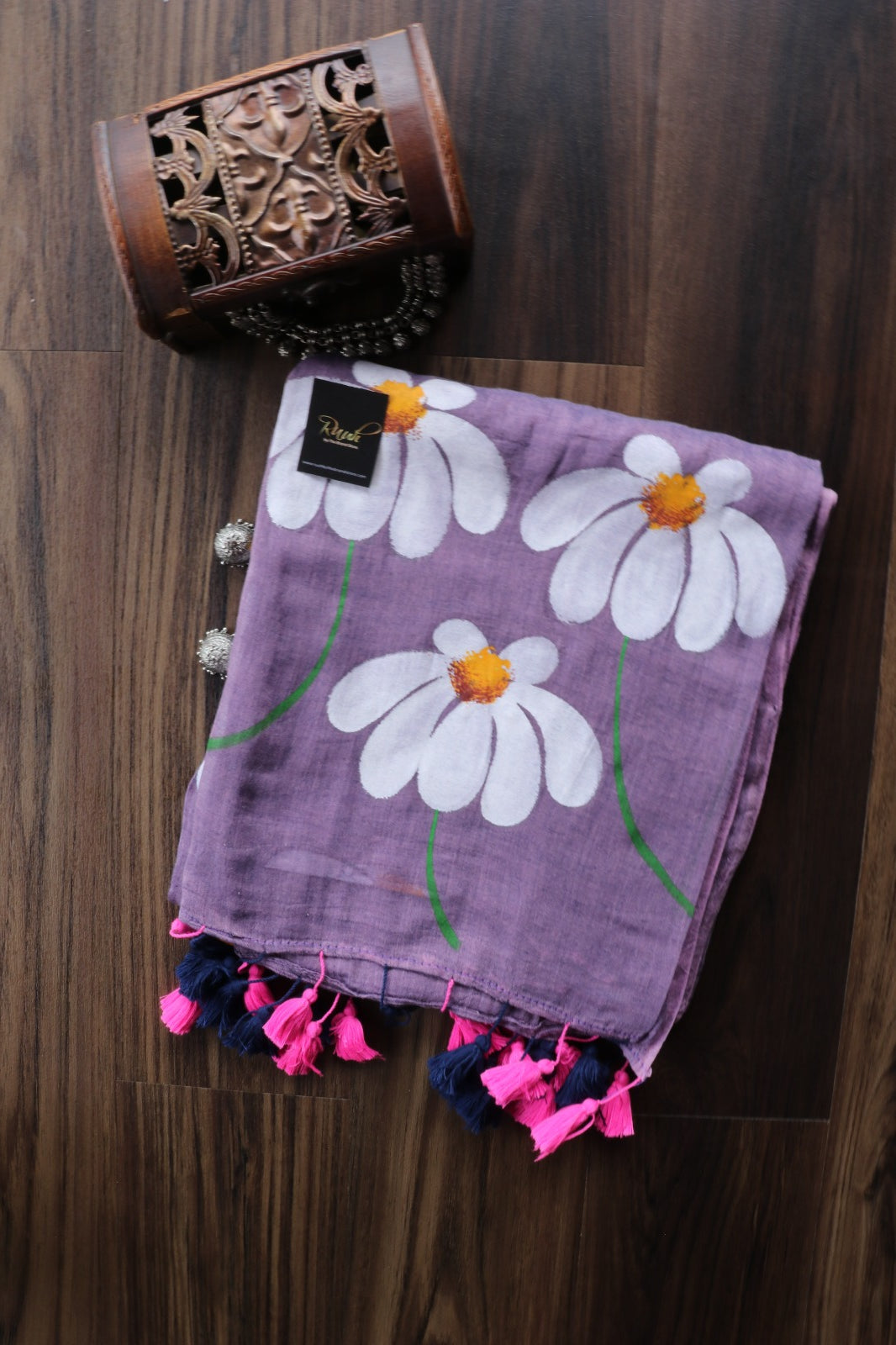 PINK X BLACK MULMUL HANDPAINTED DAISY SAREE