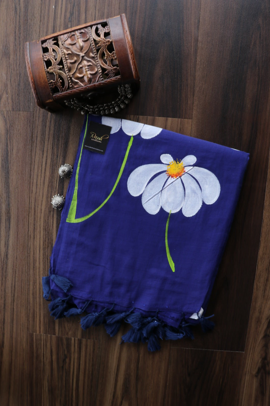 BLUE  MULMUL HANDPAINTED DAISY SAREE