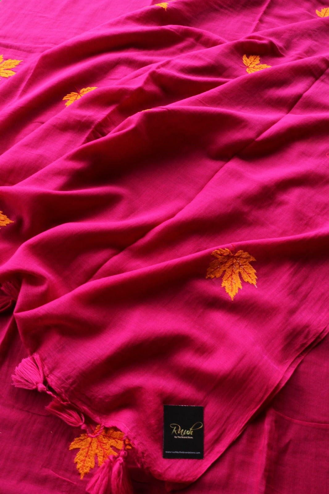 HOT PINK MULMUL SAREE WITH MAPLE LEAF EMBROIDERY