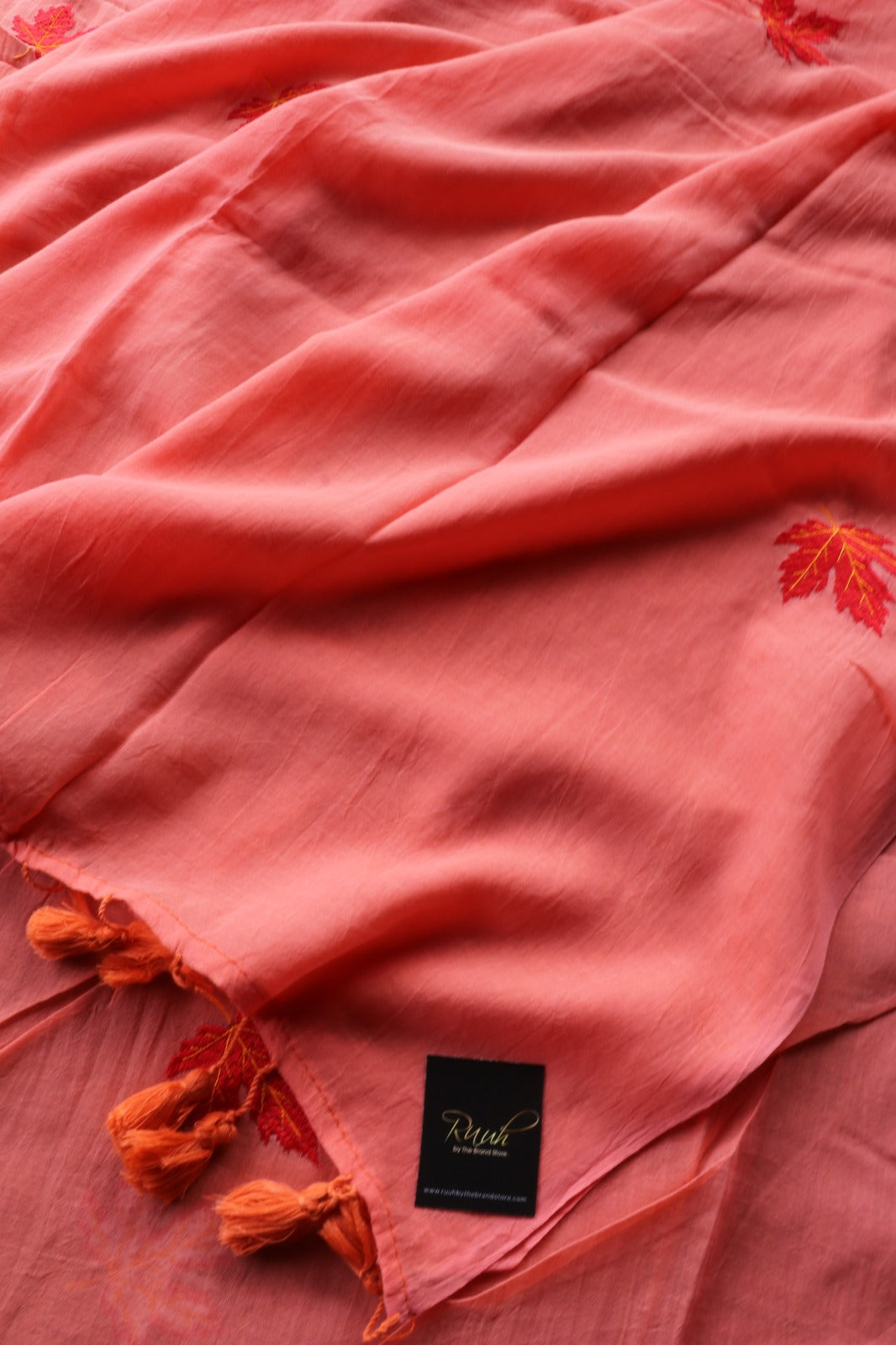 DARK PEACH MULMUL SAREE WITH MAPLE LEAF EMBROIDERY