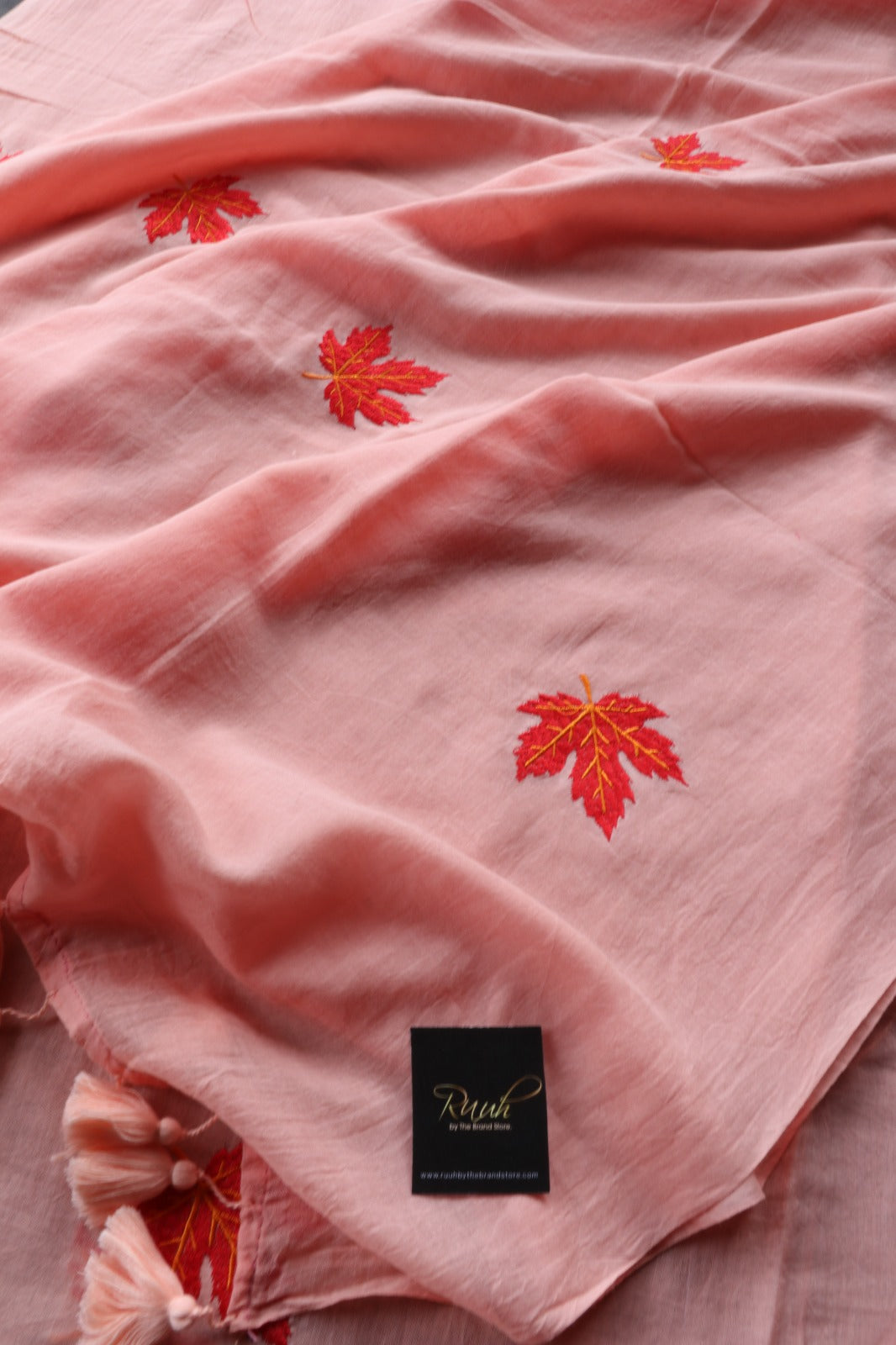 LIGHT PEACH MULMUL SAREE WITH MAPLE LEAF EMBROIDERY