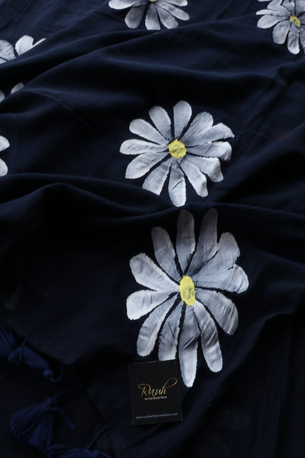 DARK BLUE MULMUL SAREE WITH DAISY HANDPAINT