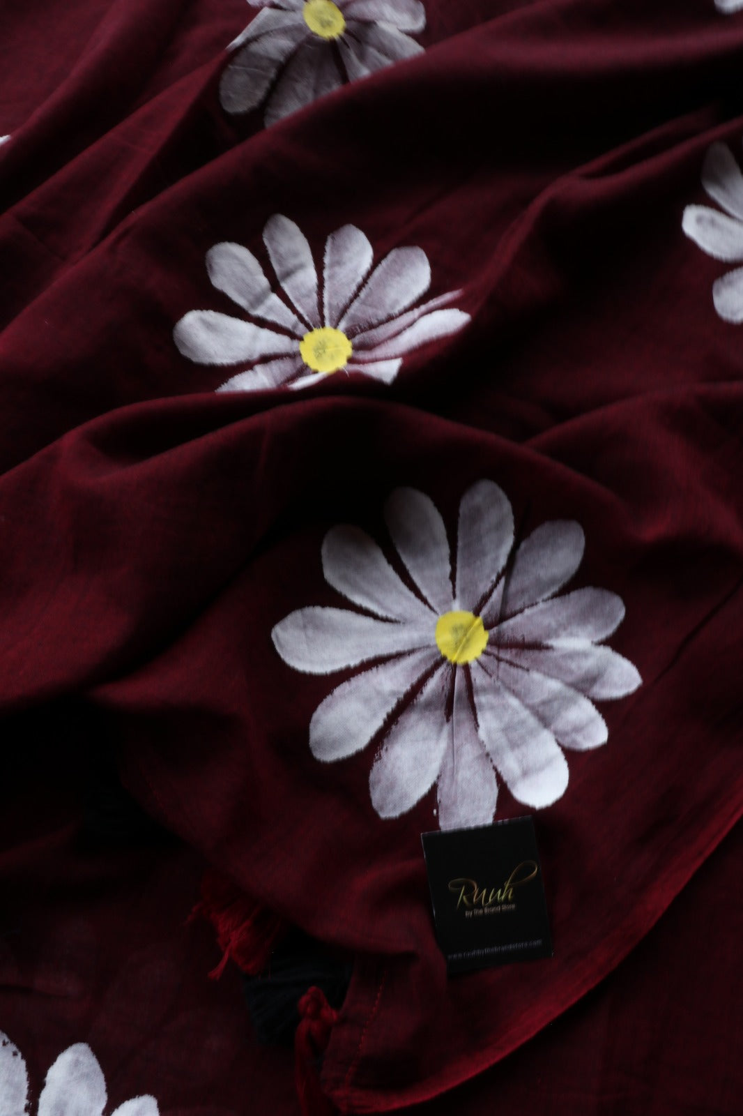 MAROON X BLACK  MULMUL SAREE WITH DAISY HANDPAINT