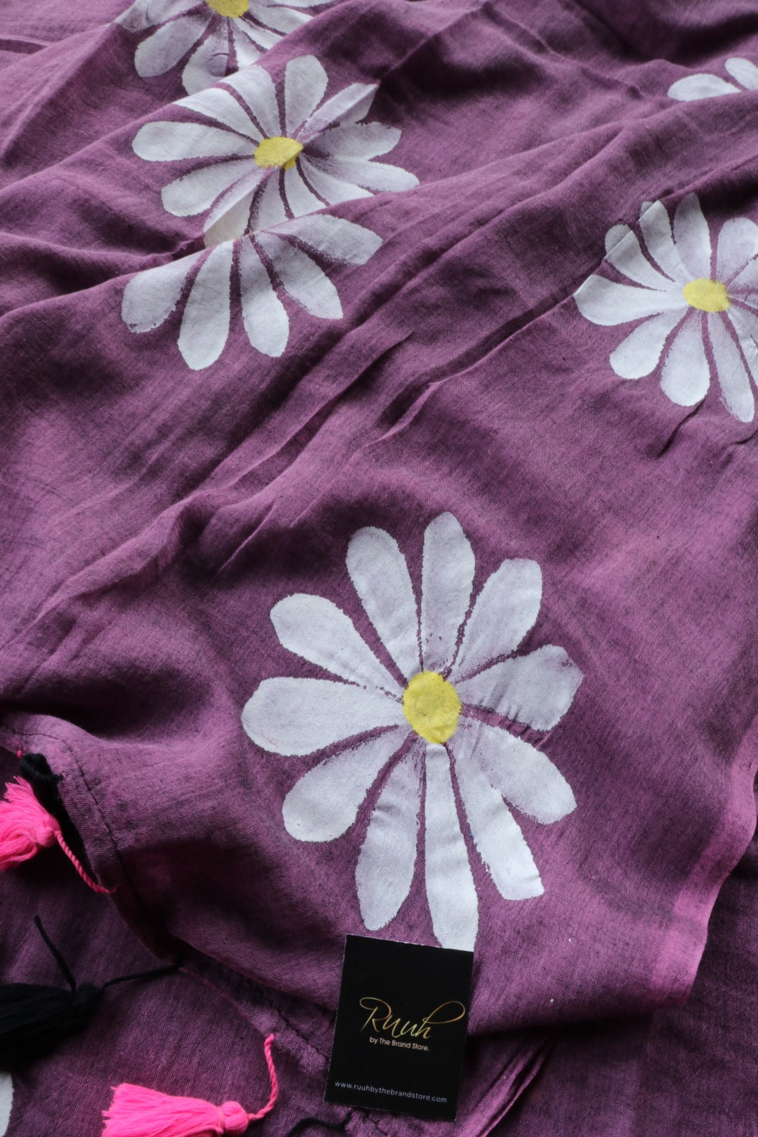 PINK X BLACK MULCOTTON WITH  DAISY HANDPAINT SAREE
