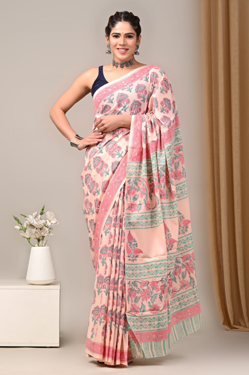 JAIPUR COTTON SAREE IN LIGHT PEACH COLOUR
