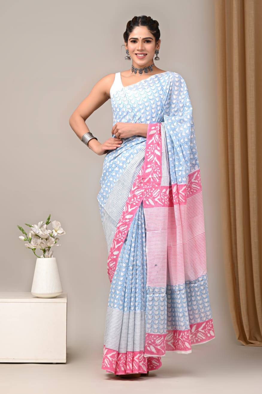 JAIPUR COTTON SAREE IN LIGHT BLUE & PINK COLOUR