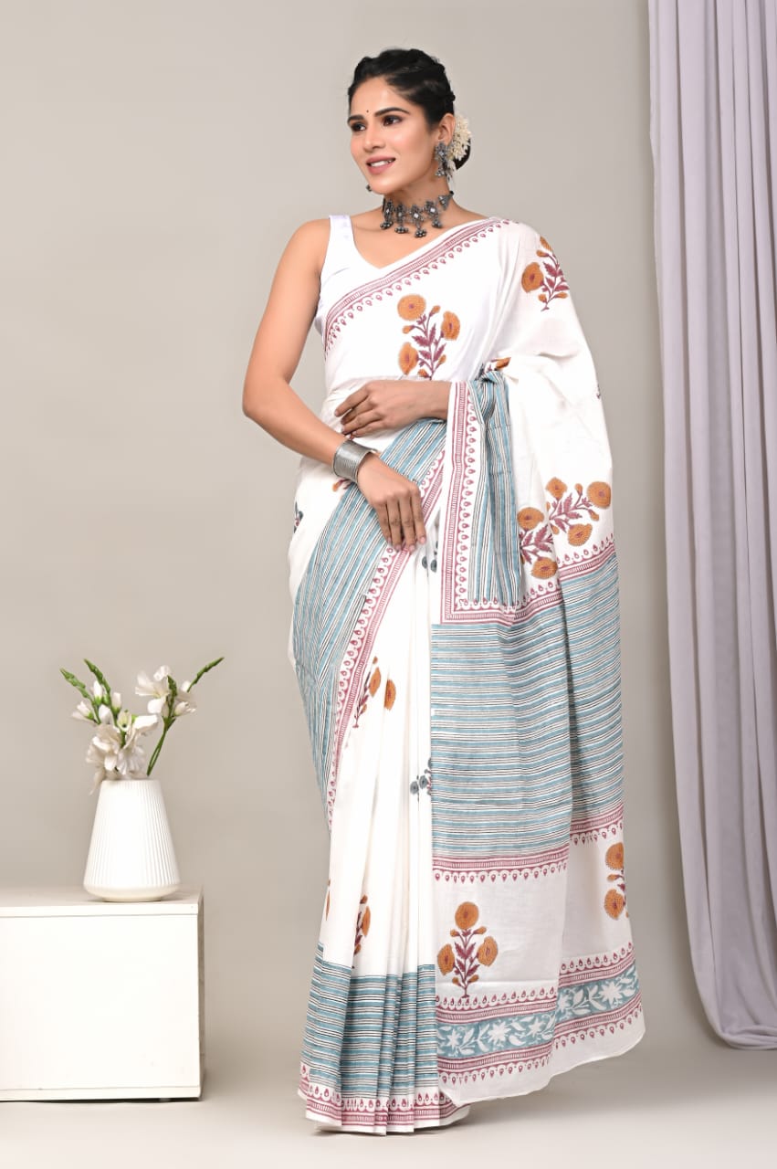 JAIPUR COTTON SAREE IN WHITE COLOUR
