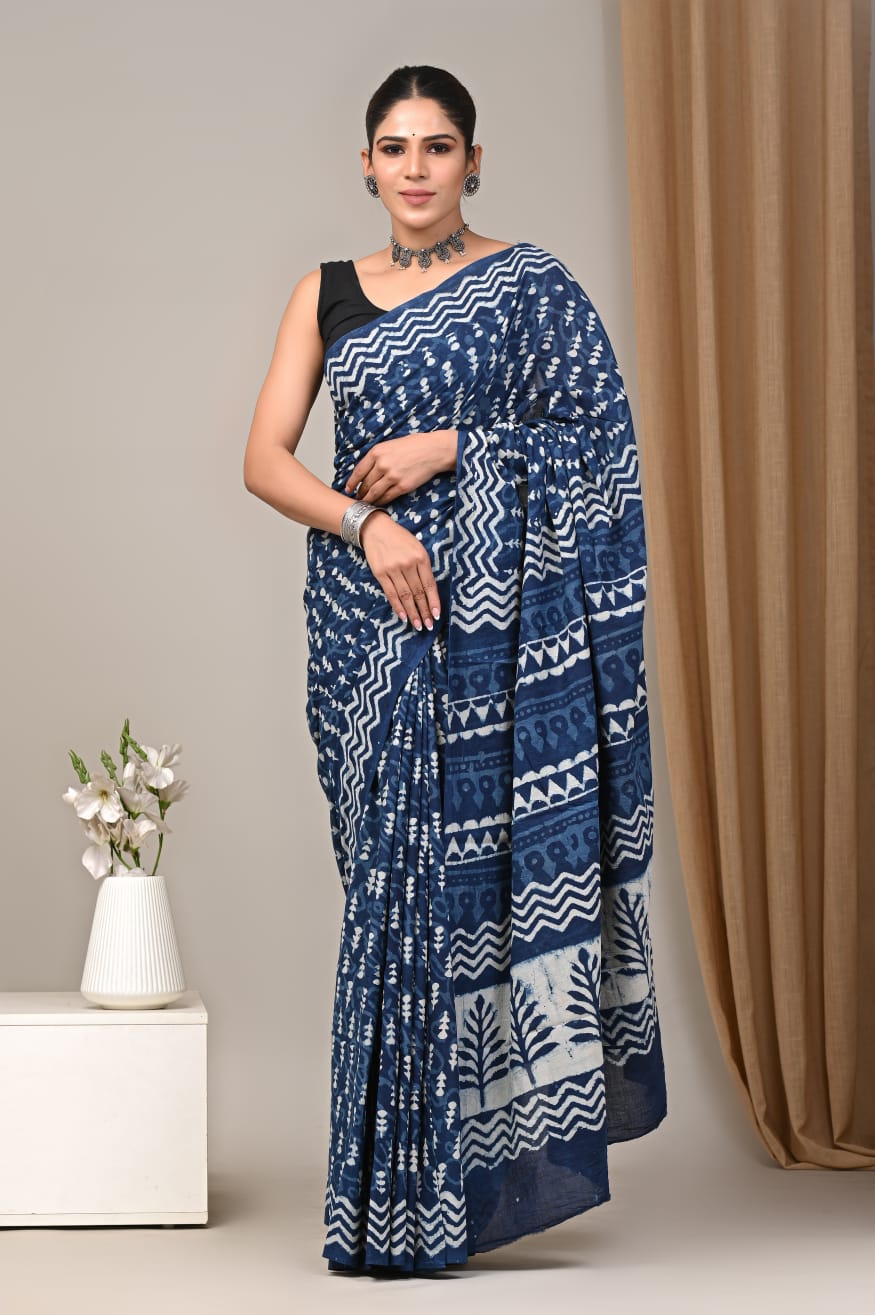 JAIPUR COTTON SAREE IN INDIGO COLOUR