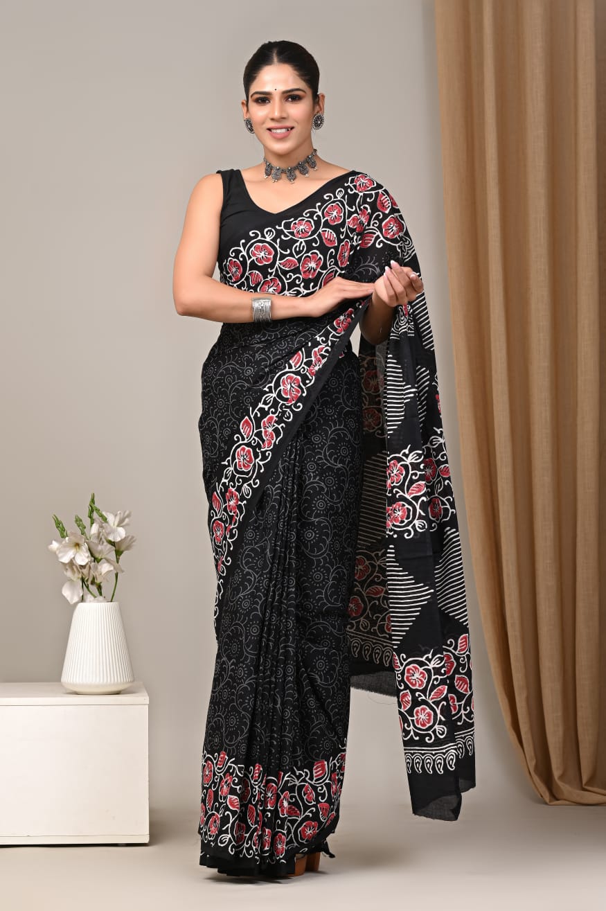JAIPUR COTTON SAREE IN BLACK COLOUR