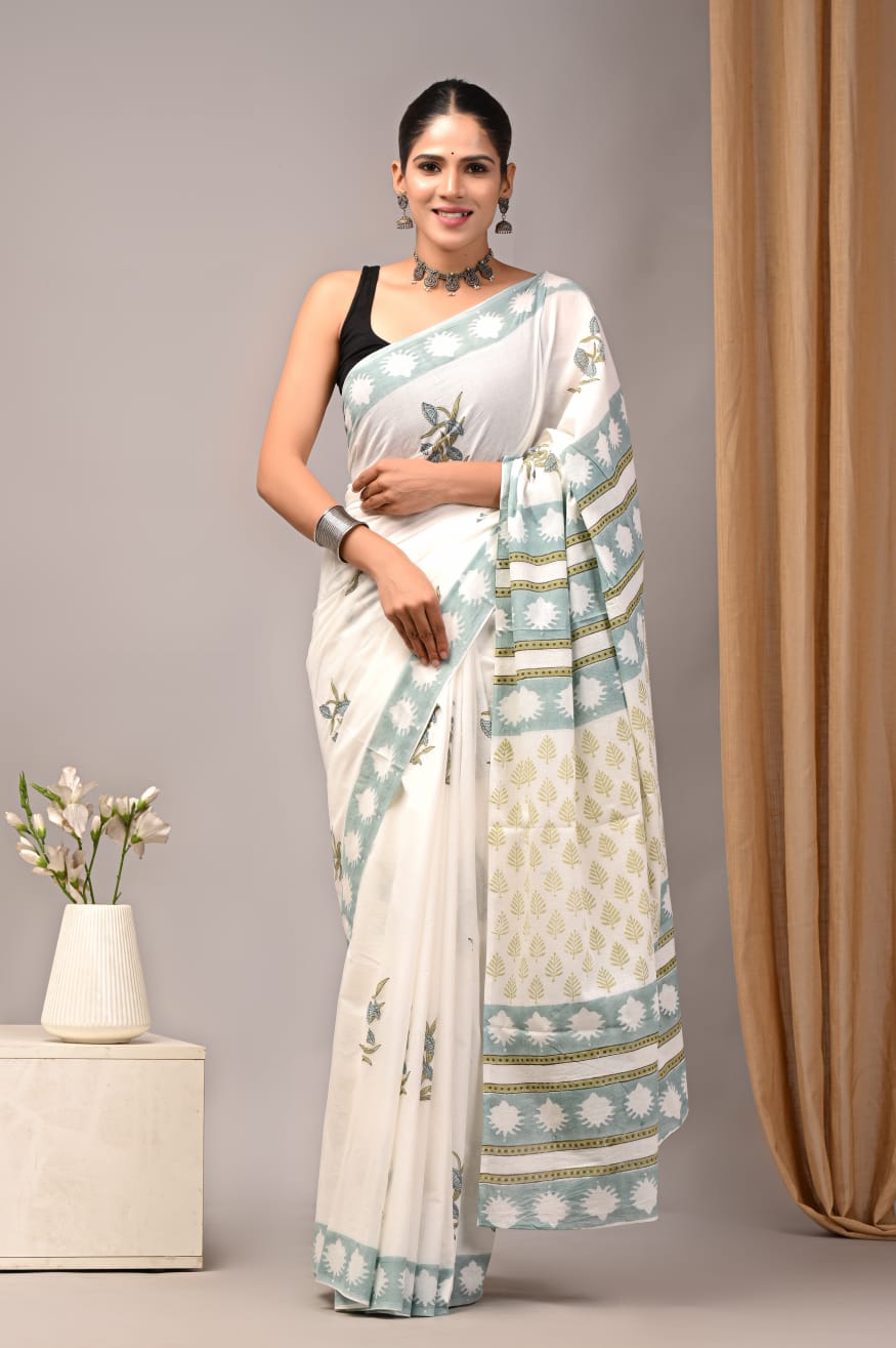 JAIPUR COTTON SAREE IN WHITE COLOUR