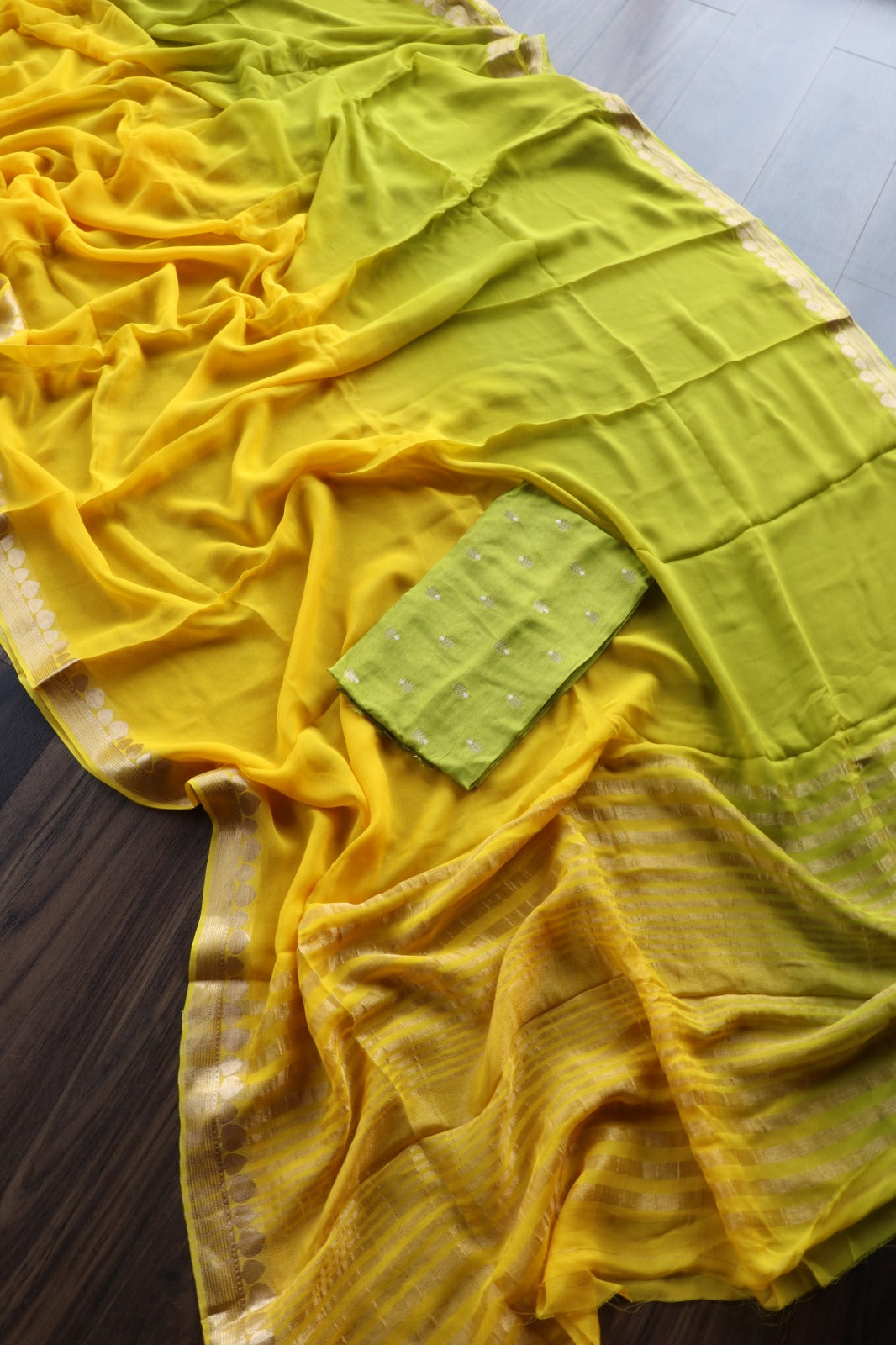 YELLOW-LIGHT GREEN VISCOSE GEORGETTE SAREE