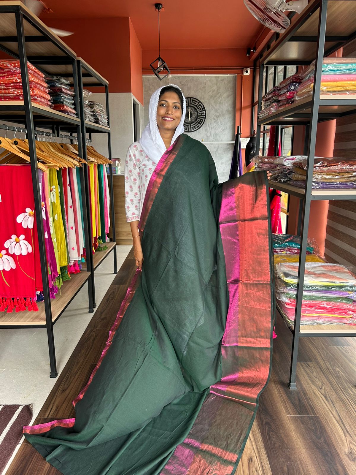DARK GREEN MULCOTTON WITH PINK & ORANGE BORDER