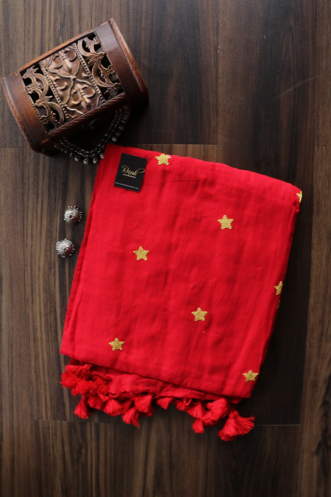 RED MULMUL SAREE WITH STAR EMBROIDERY