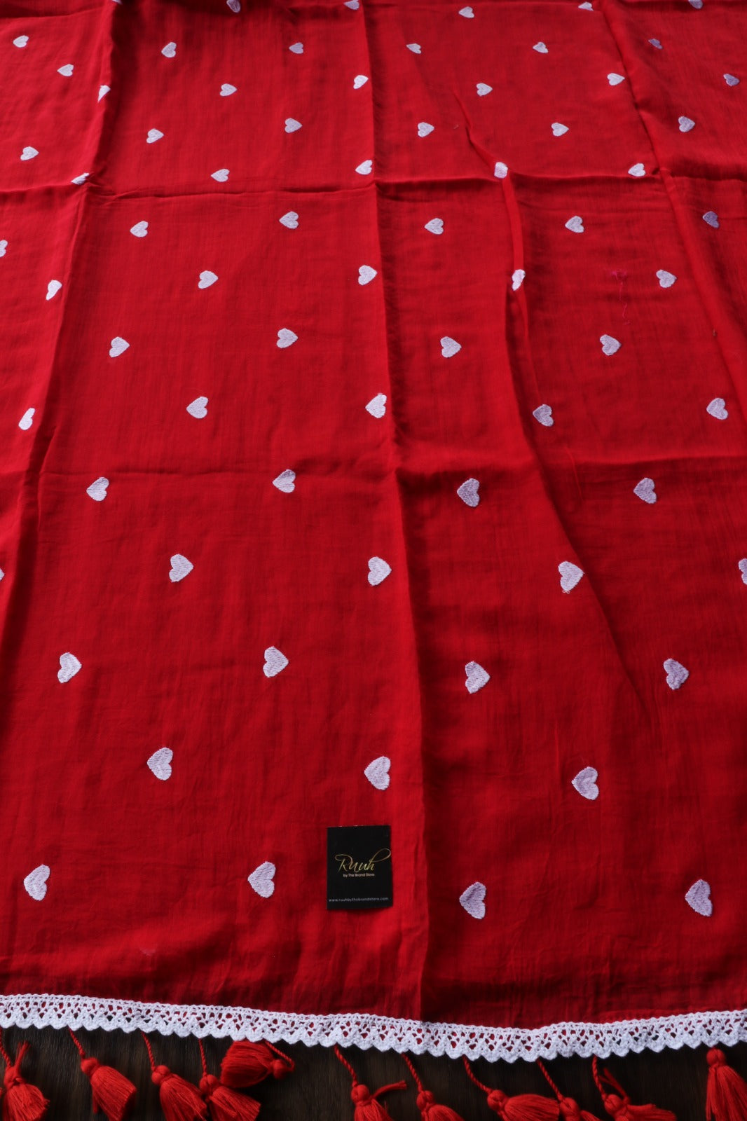 RED MULMUL SAREE WITH HEART EMBROIDERY