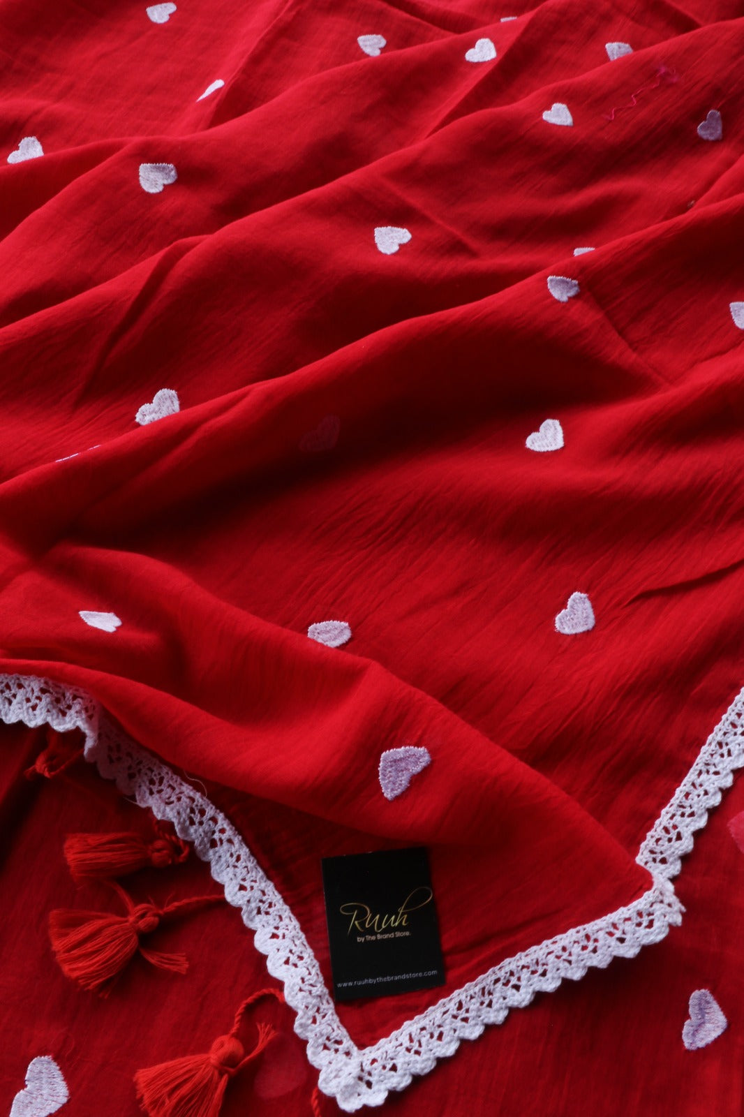 RED MULMUL SAREE WITH HEART EMBROIDERY