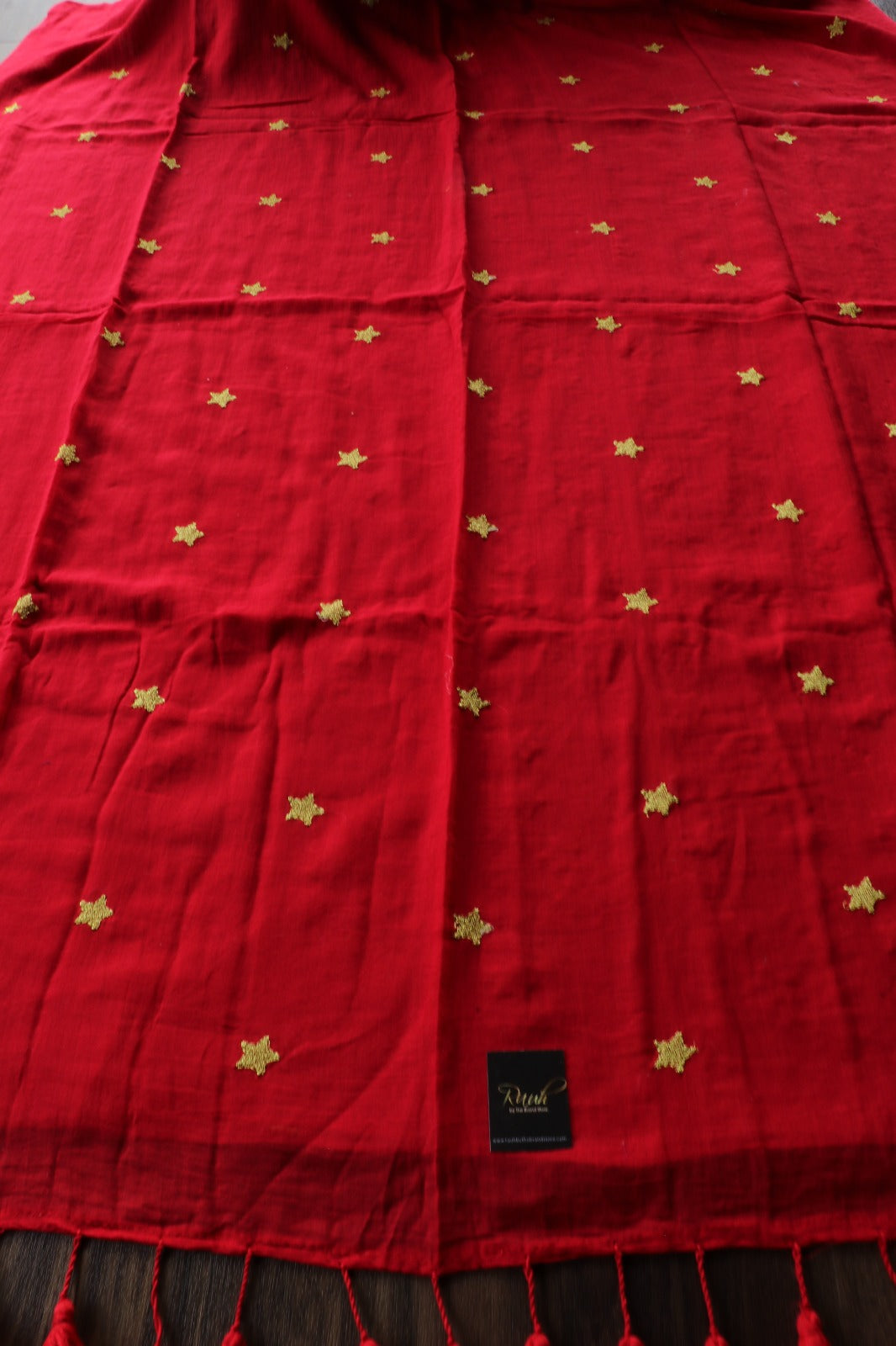 RED MULMUL SAREE WITH STAR EMBROIDERY