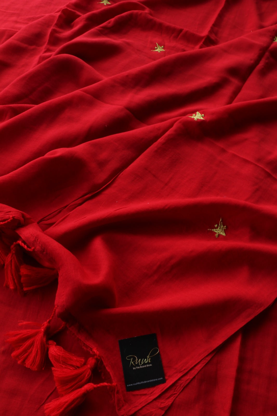 RED MULMUL SAREE WITH EMBROIDERY
