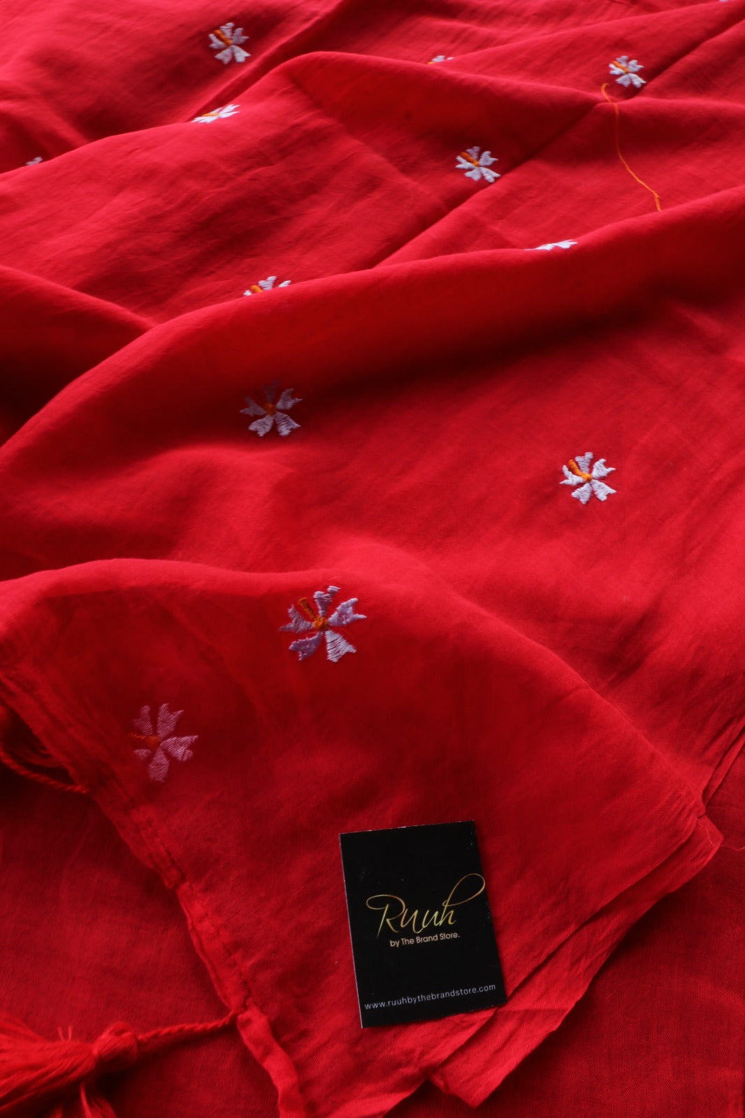 RED MULMUL SAREE WITH PARIJAT EMBROIDERY