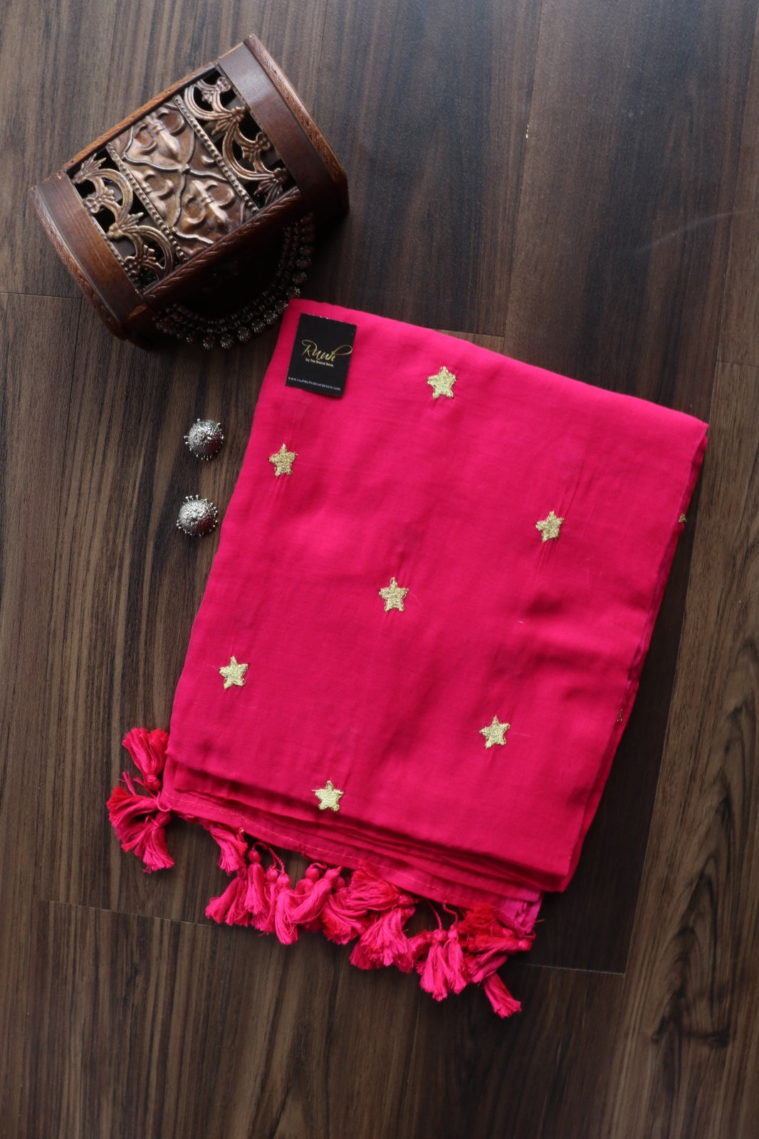 HOT PINK MULMUL SAREE WITH STAR EMBROIDERY