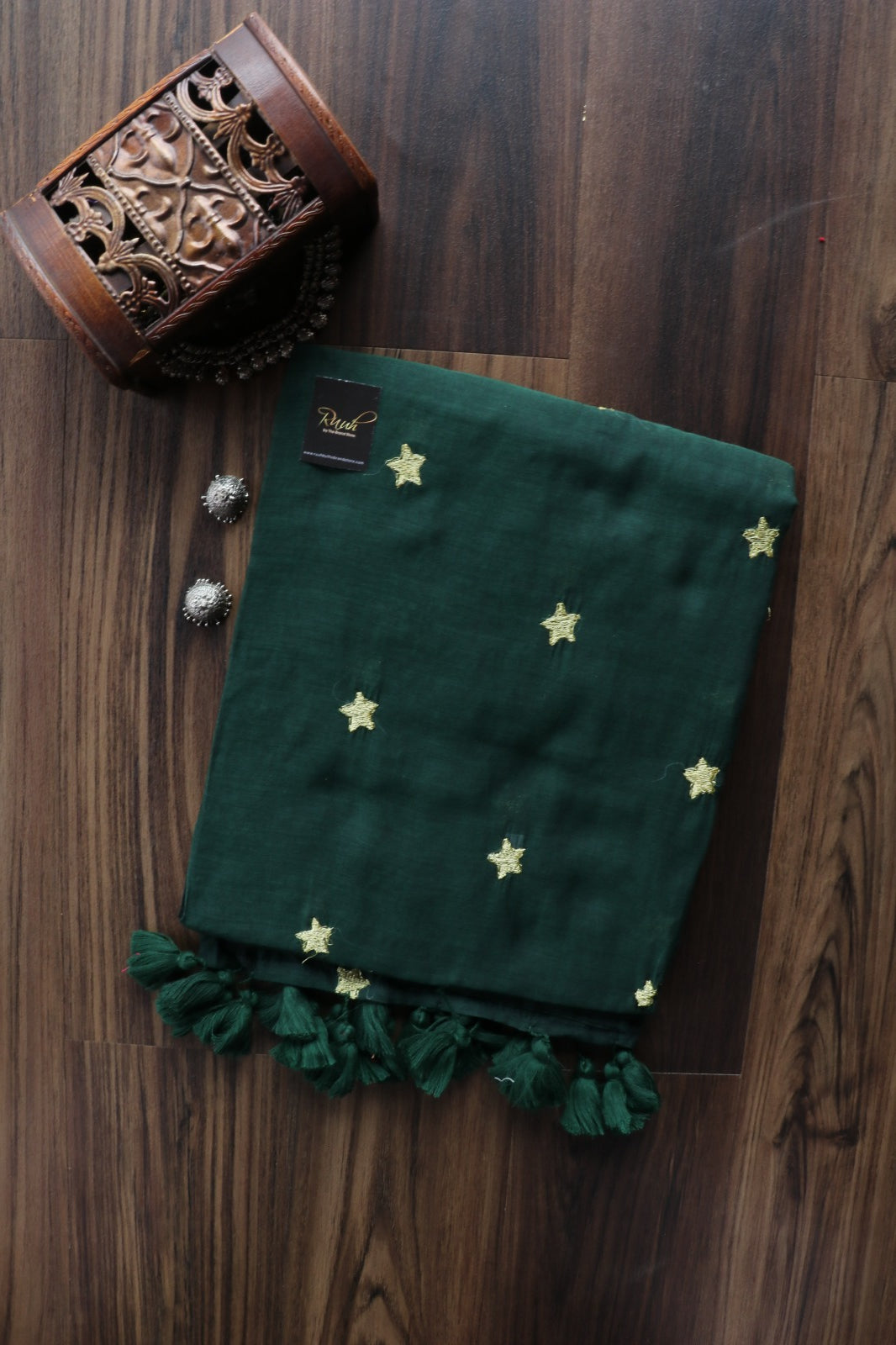 GREEN MULMUL SAREE WITH STAR EMBROIDERY