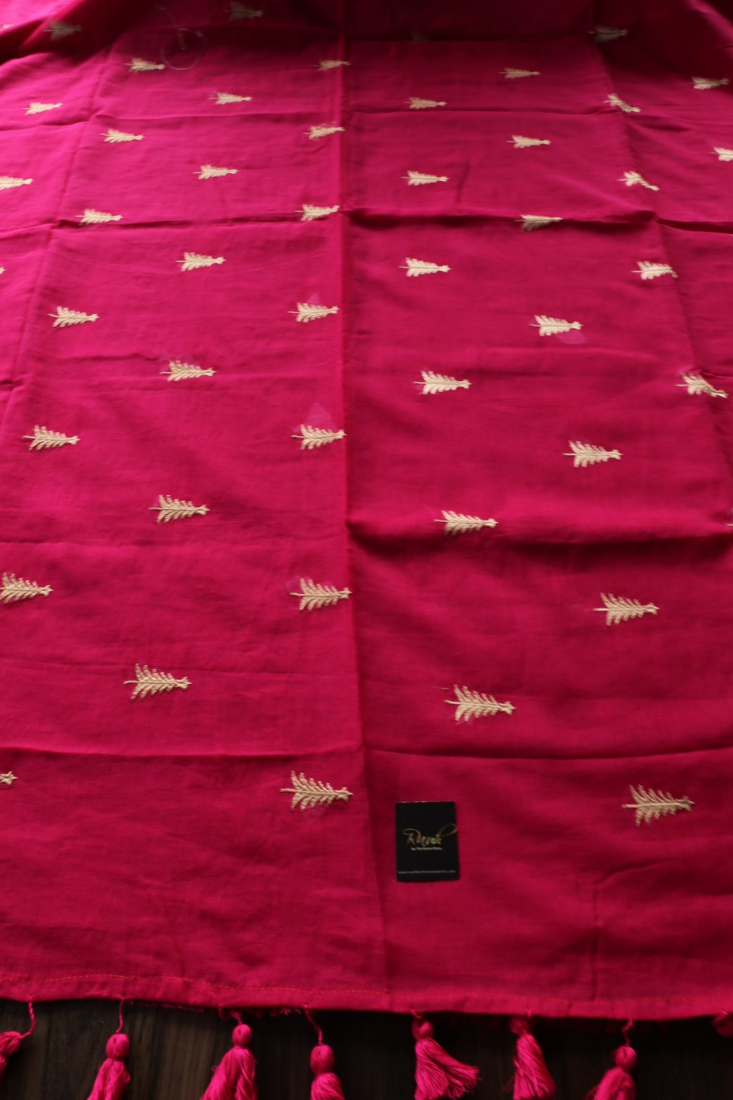 HOTPINK MULMUL SAREE WITH PINE TREE EMBROIDERY