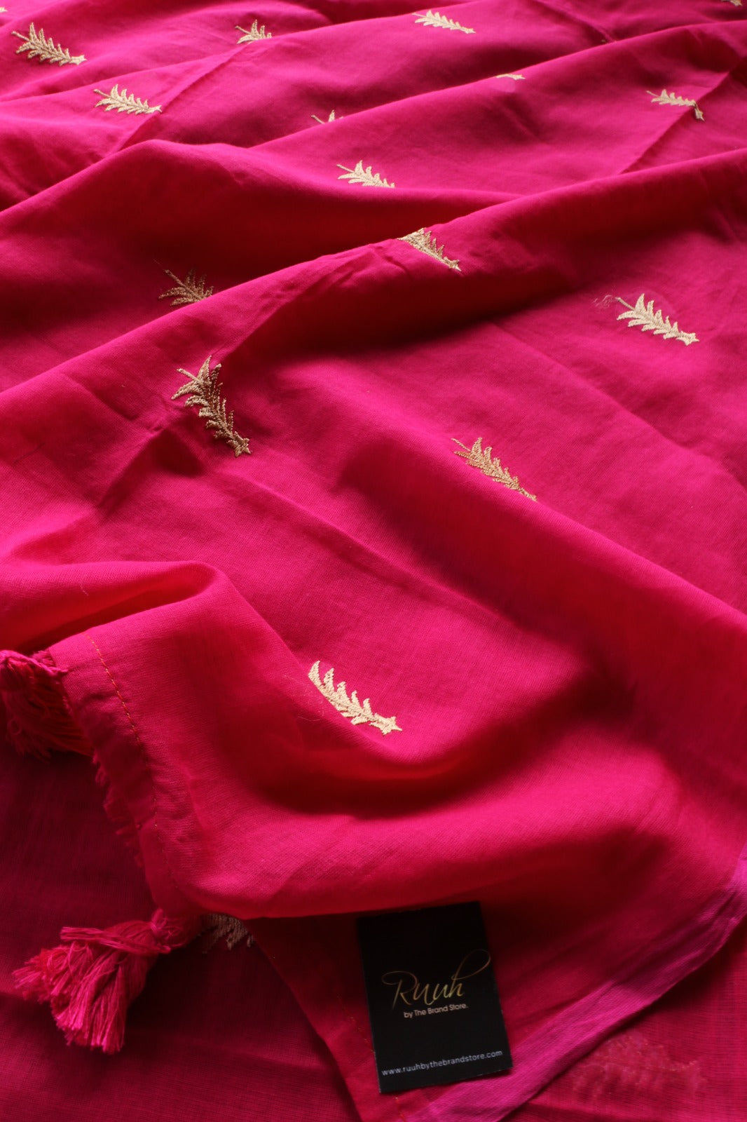 HOTPINK MULMUL SAREE WITH PINE TREE EMBROIDERY