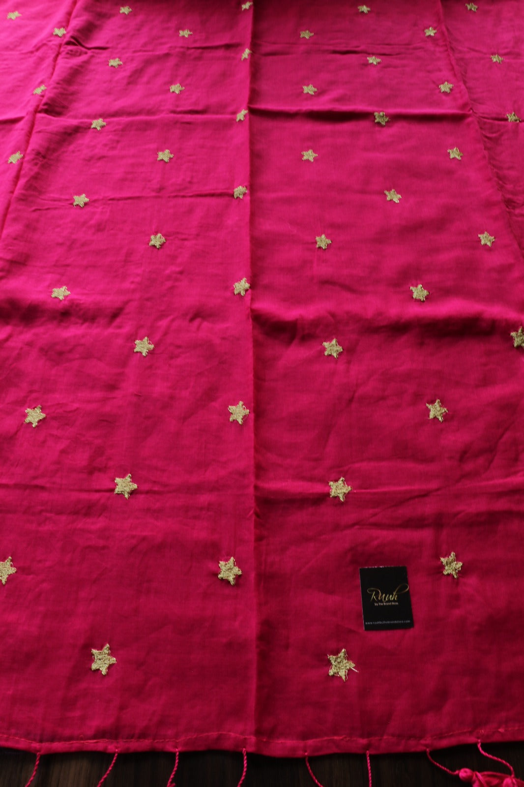 HOT PINK MULMUL SAREE WITH STAR EMBROIDERY