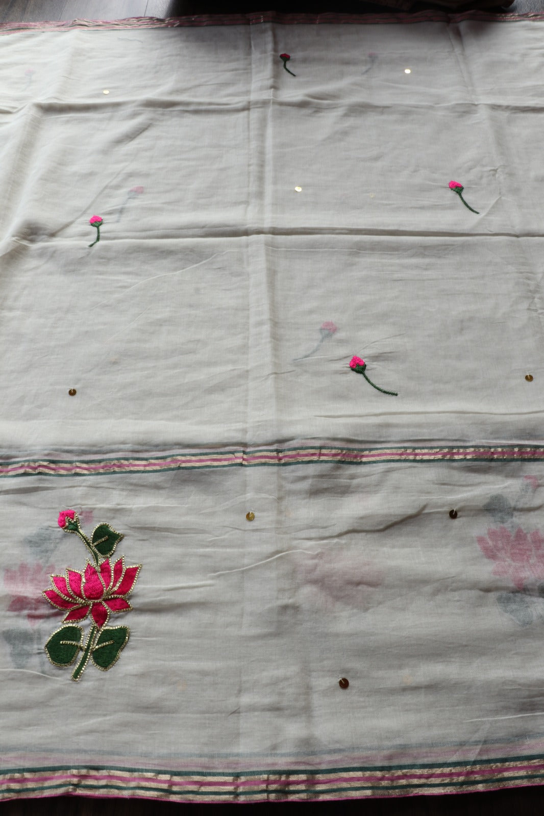 MULMUL SAREE WITH LOTUS EMBROIDERY