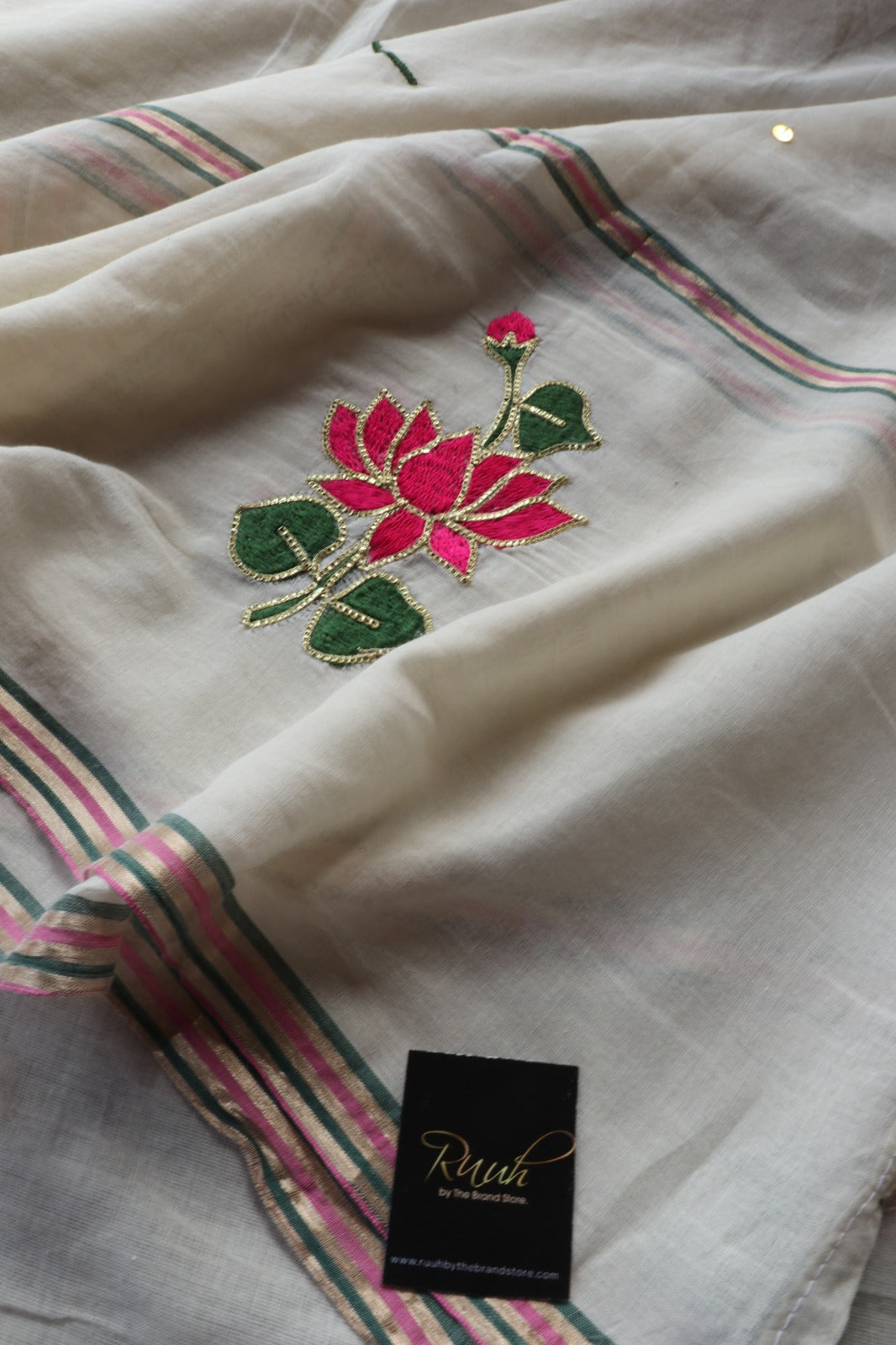 MULMUL SAREE WITH LOTUS EMBROIDERY