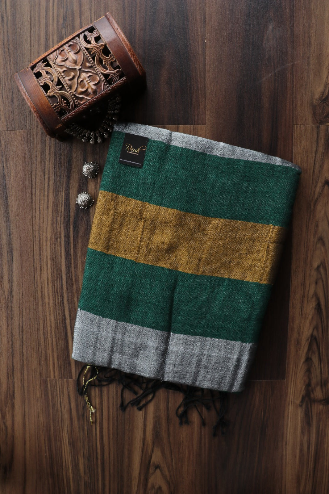 DARK GREEN LINEN SAREE