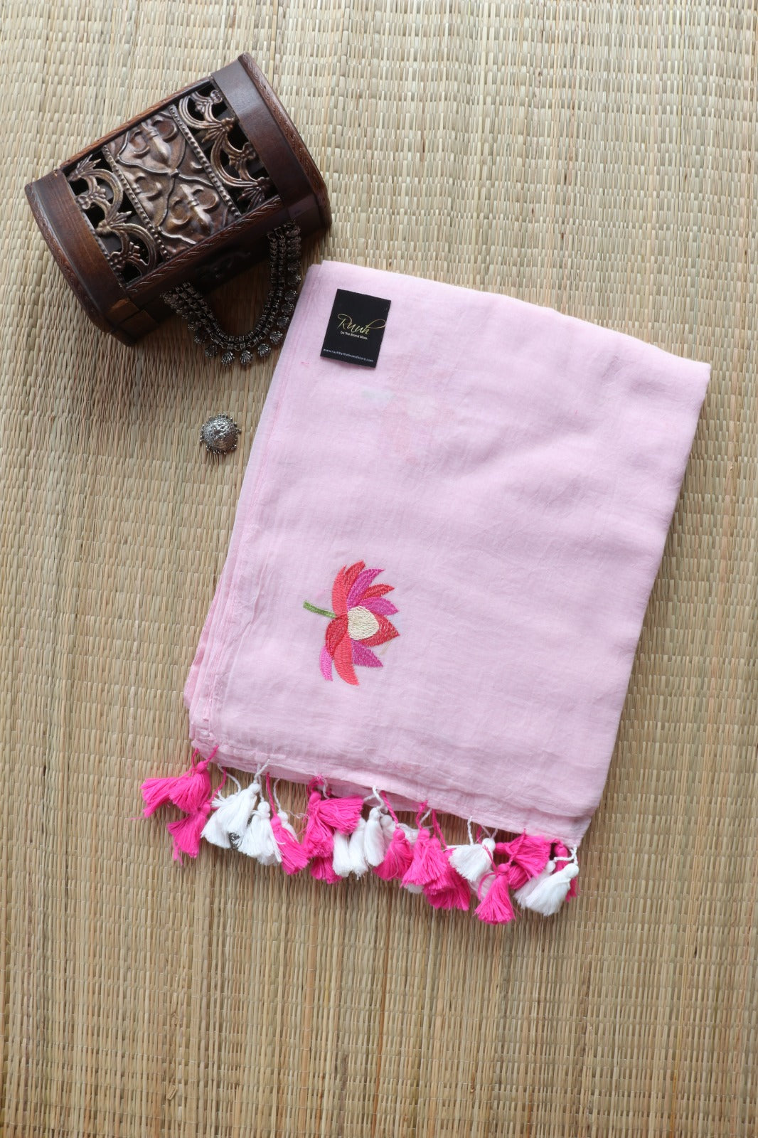 PINK MULMUL SAREE WITH LOTUS EMBROIDERY