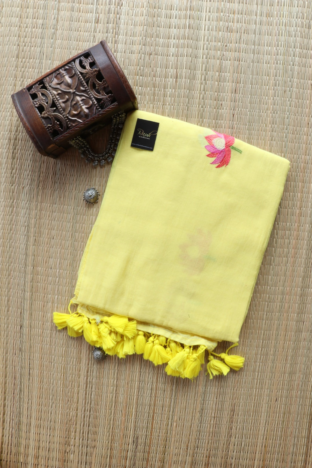 YELLOW  MULMUL SAREE WITH LOTUS EMBROIDERY