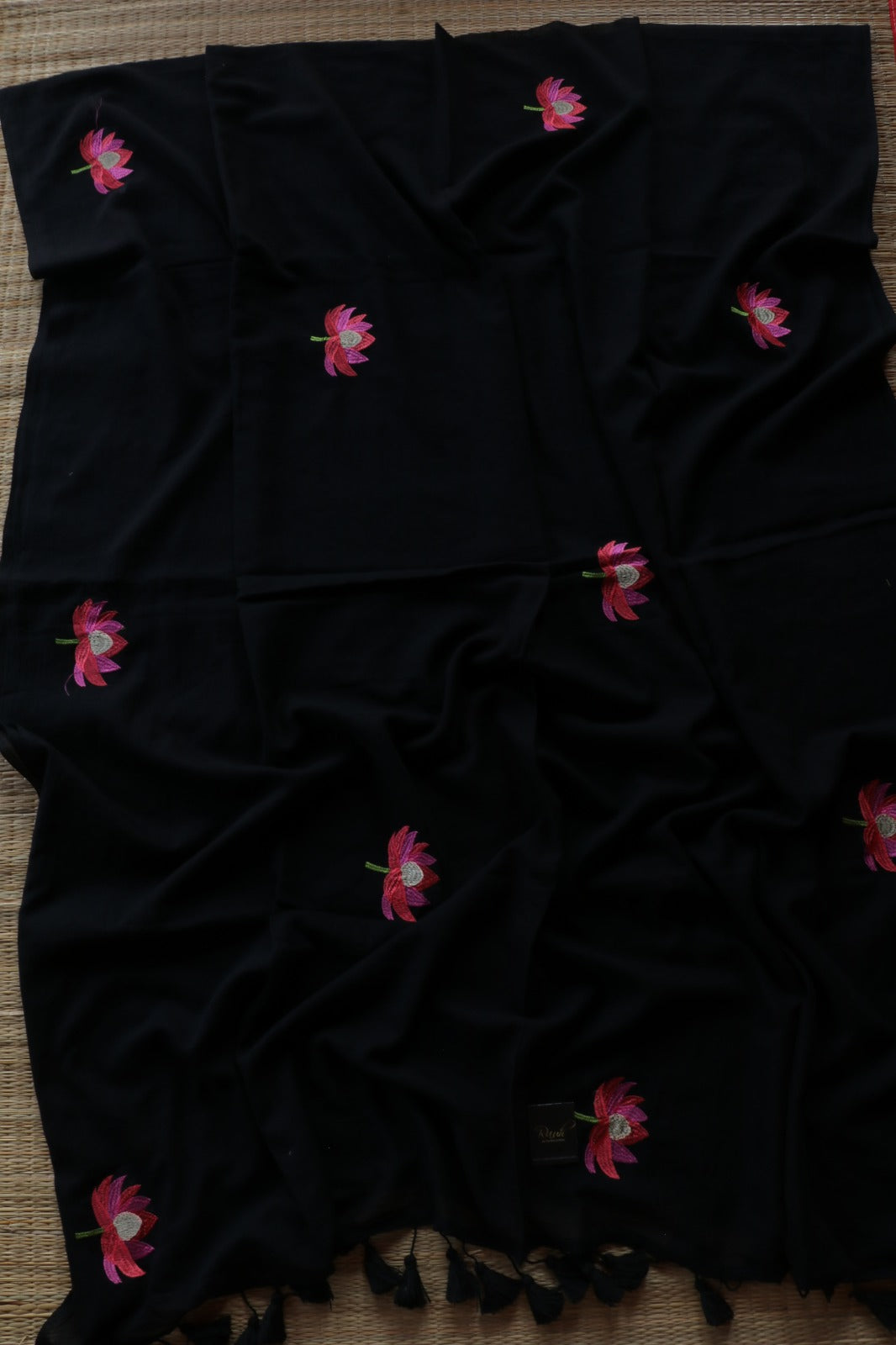 BLACK MULMUL COTTON WITH LOTUS EMBROIDERY