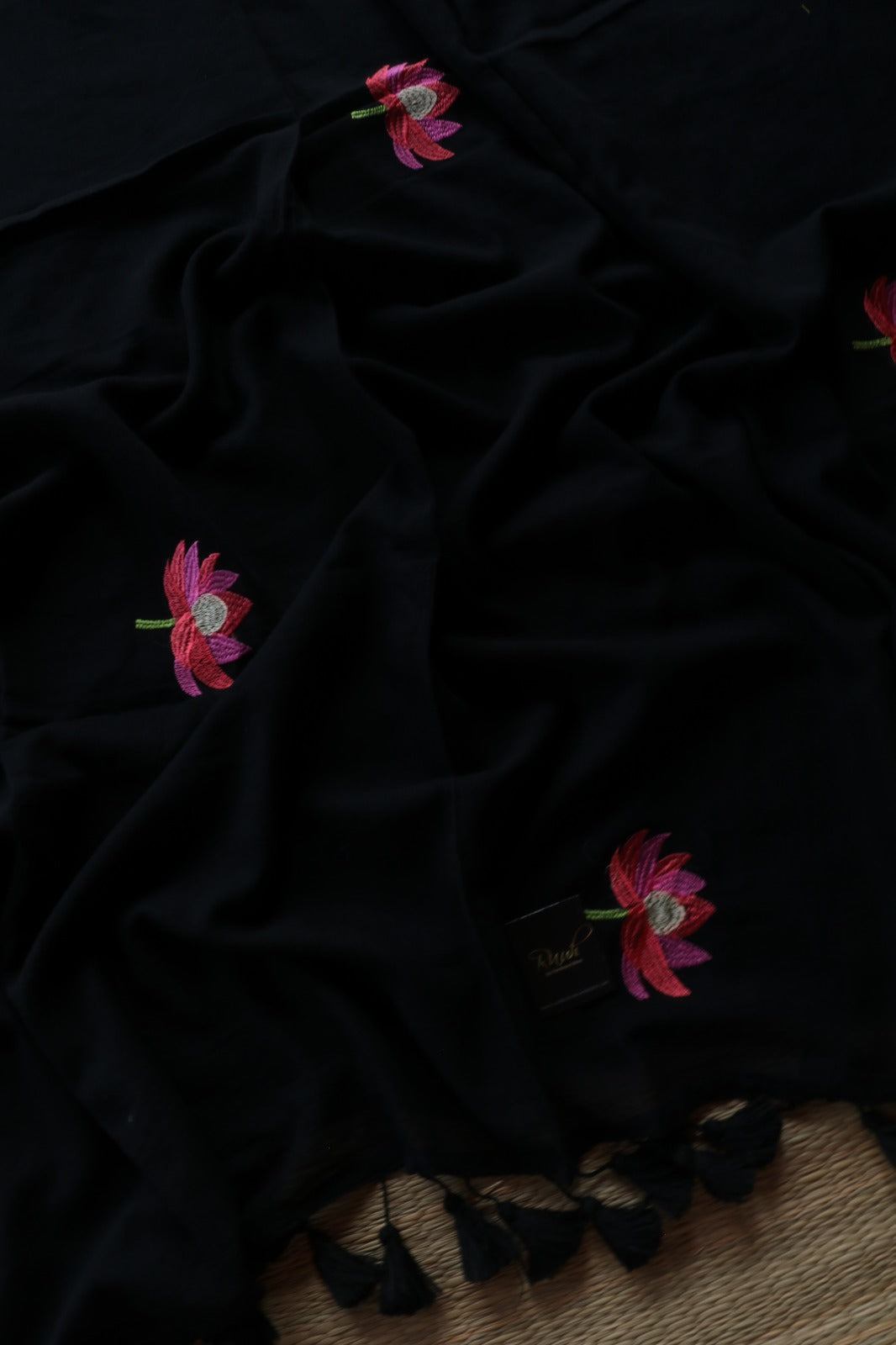 BLACK MULMUL COTTON WITH LOTUS EMBROIDERY