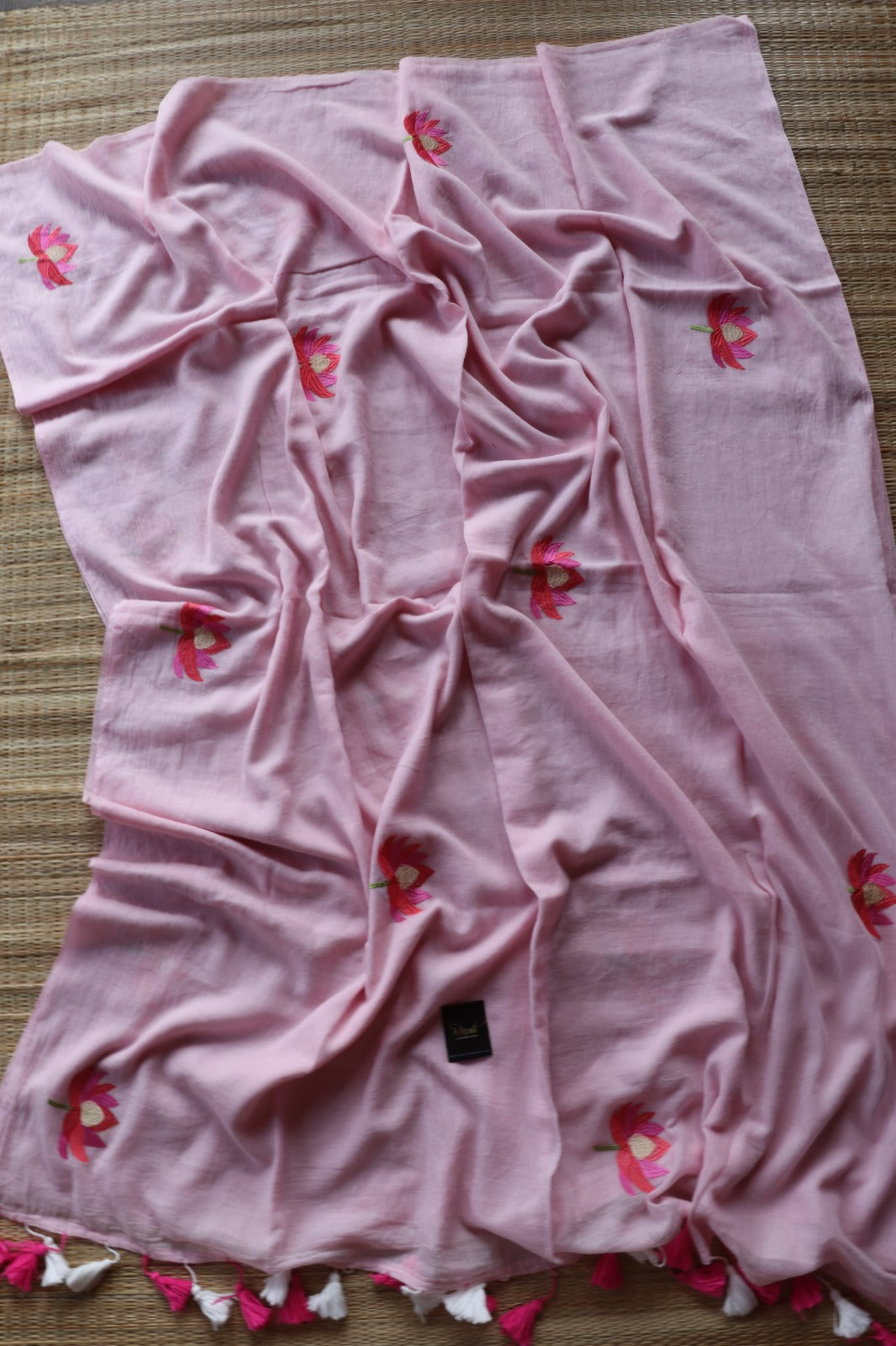 PINK MULMUL SAREE WITH LOTUS EMBROIDERY