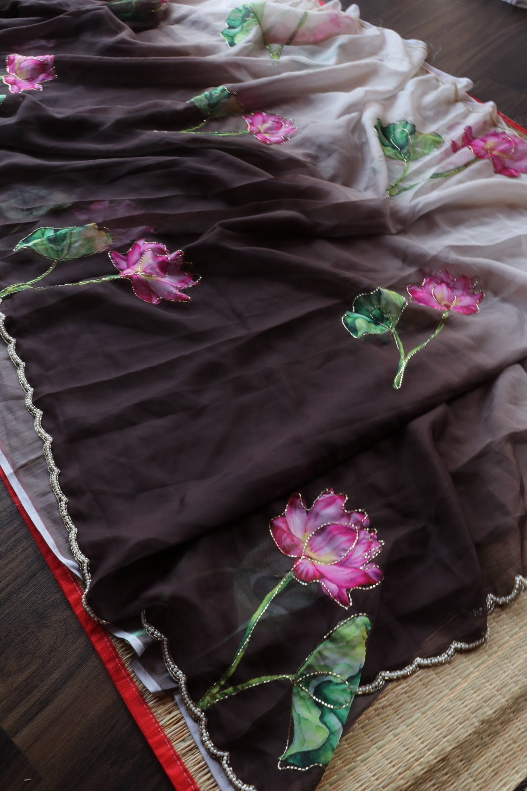 COFFEE COLOUR ORGANZA WITH HANDWORK