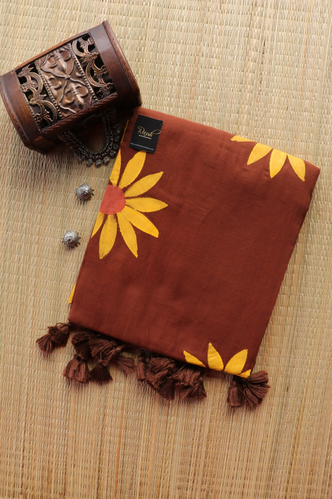 BROWN MULMUL SUNFLOWER HANDPAINT SAREE